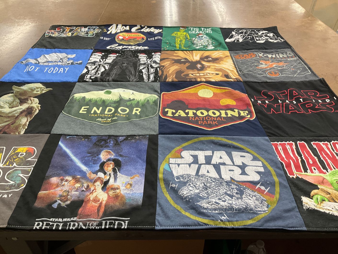 T-shirt quilt with star wars, movies themes by Margaret from GA