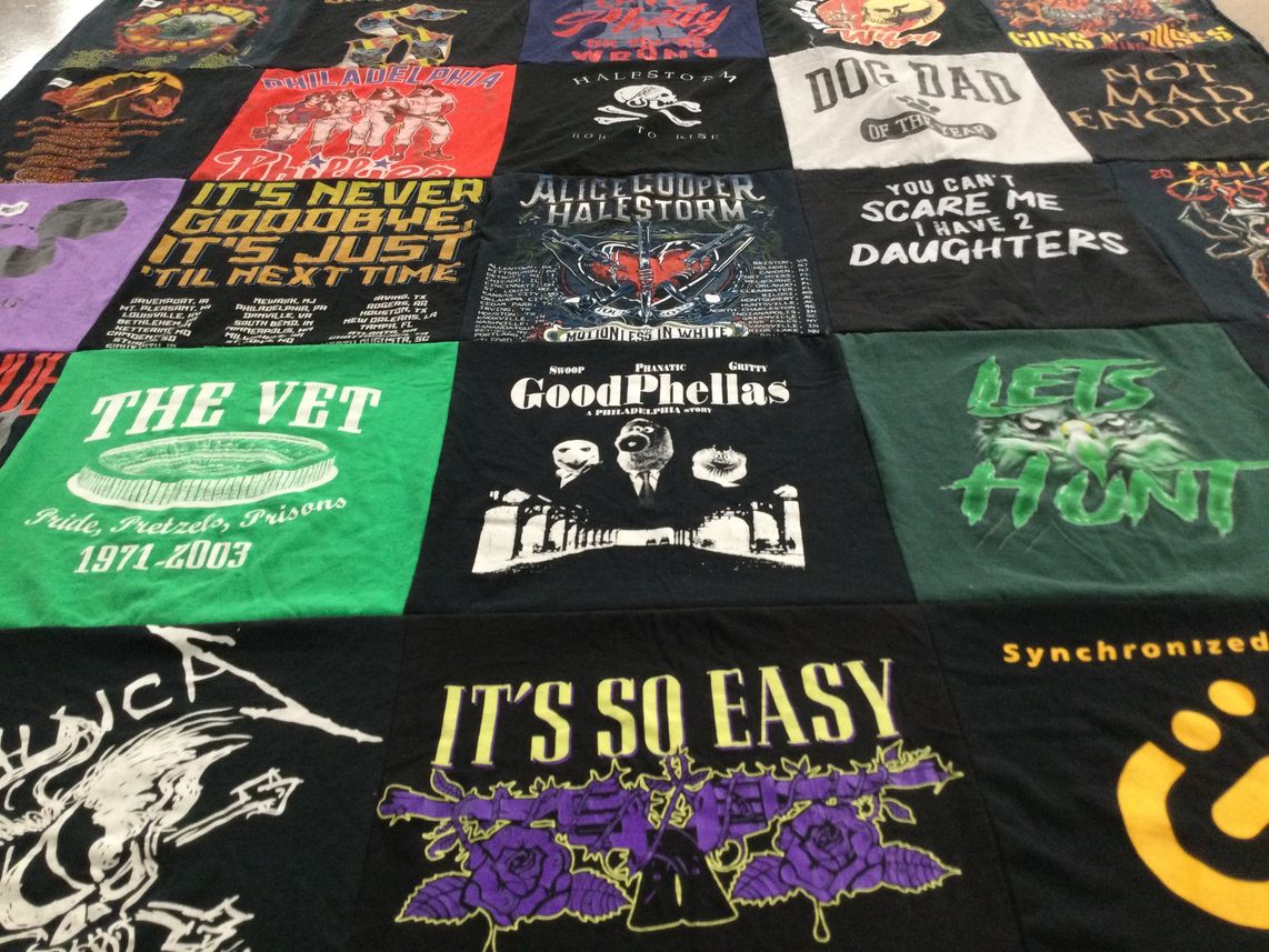 T-shirt quilt with music, hunting themes by Kelly from PA