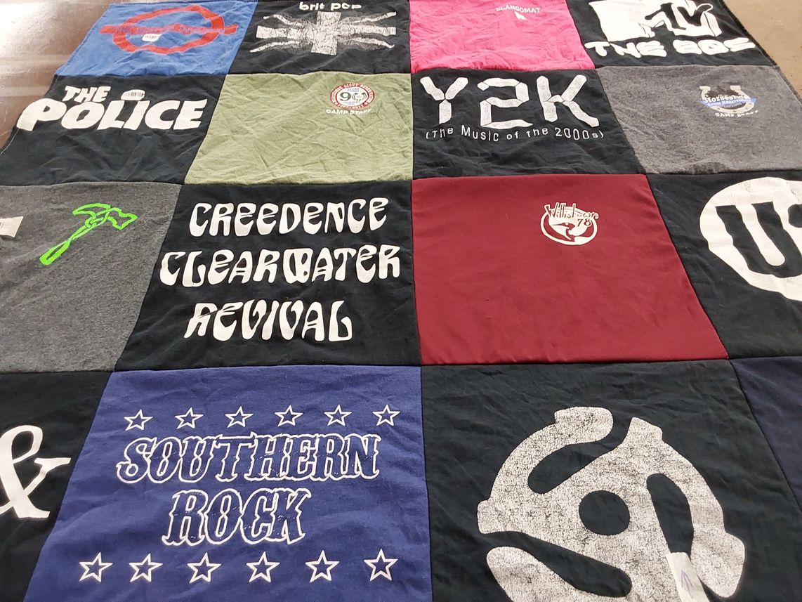 T-shirt quilt with music, rock themes by Cosette from PA
