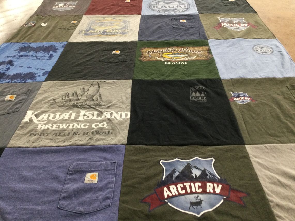 T-shirt quilt with brewing, outdoors themes by Evelyn from AK