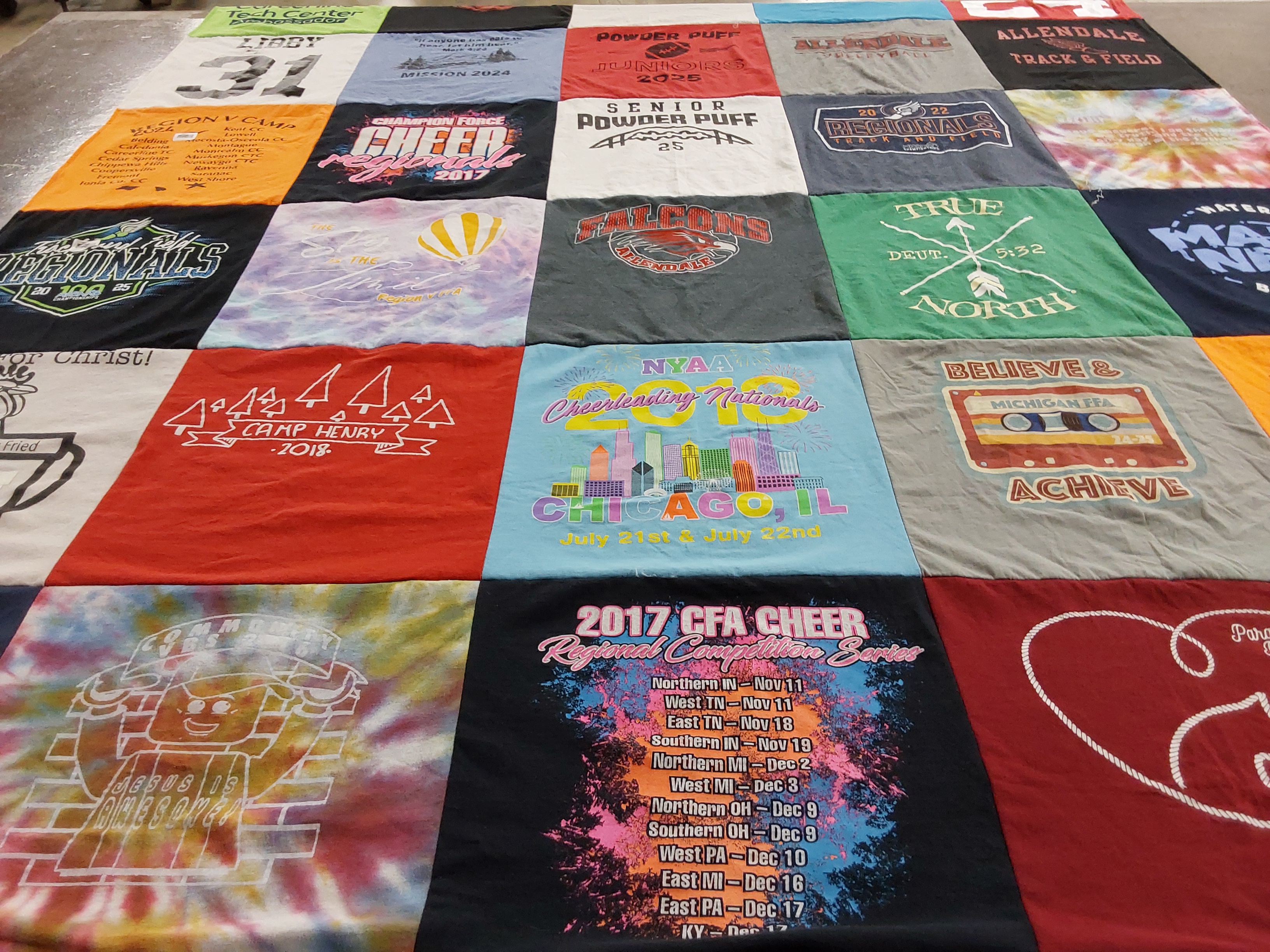 T-shirt quilt featuring falcons, cheerleading team by Trisha from MI