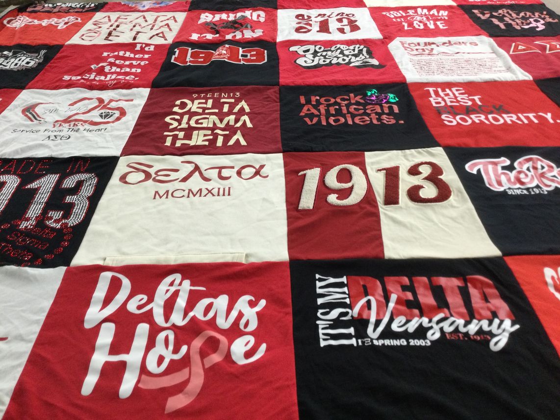 T-shirt quilt with sorority, service themes by Jennifer from GA