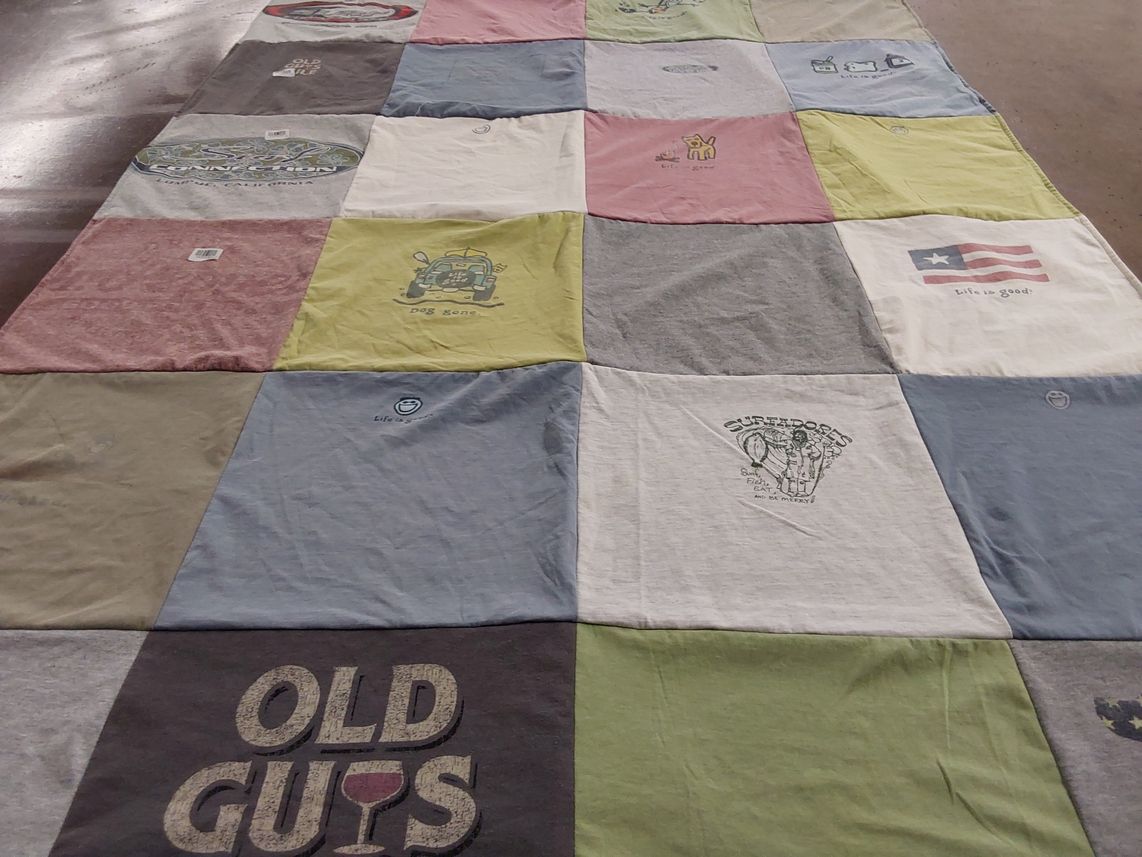 T-shirt quilt with surfing, dogs themes by Nancy from CA