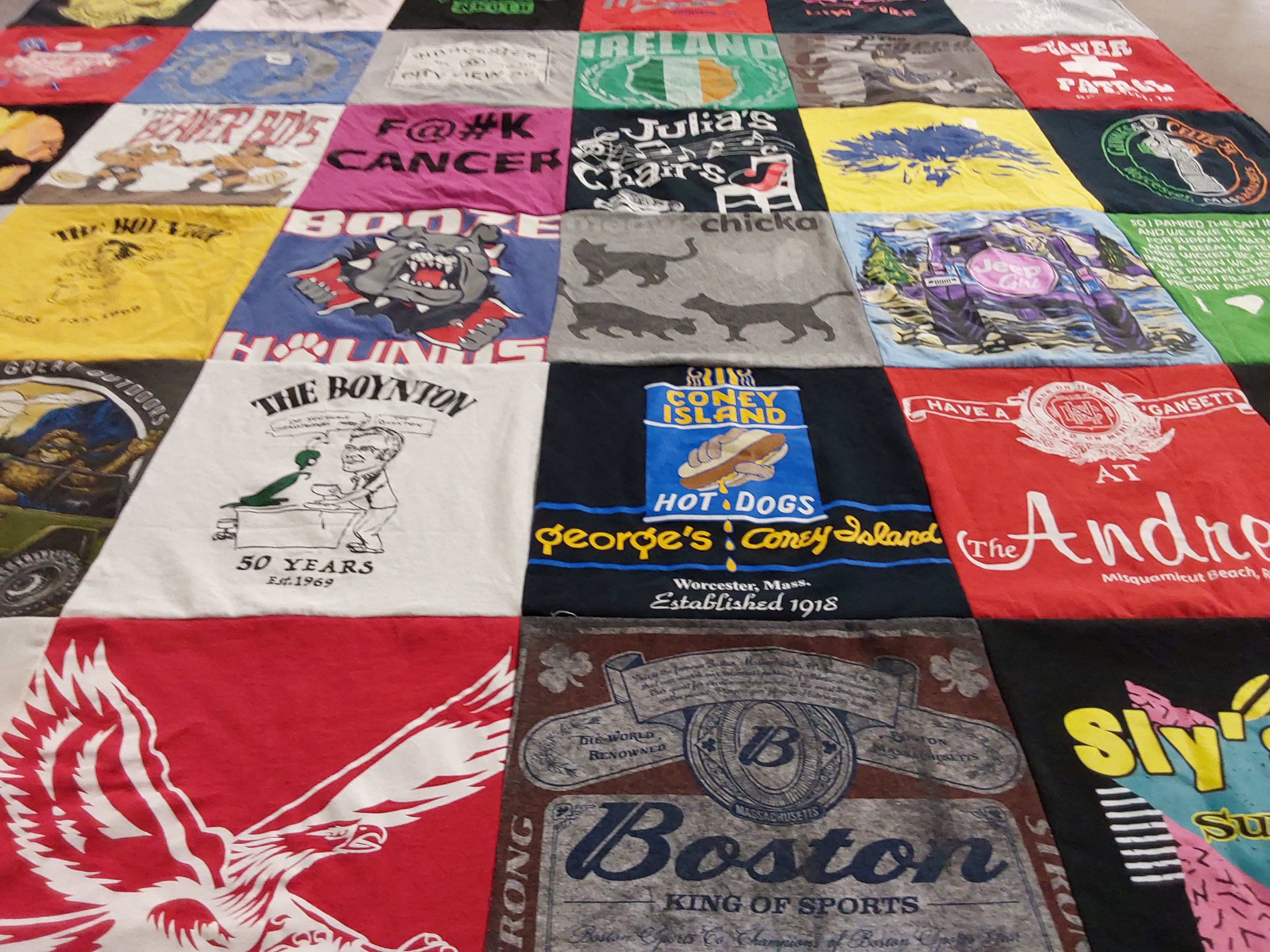 T-shirt quilt with food, restaurants themes by Kimberly from VT