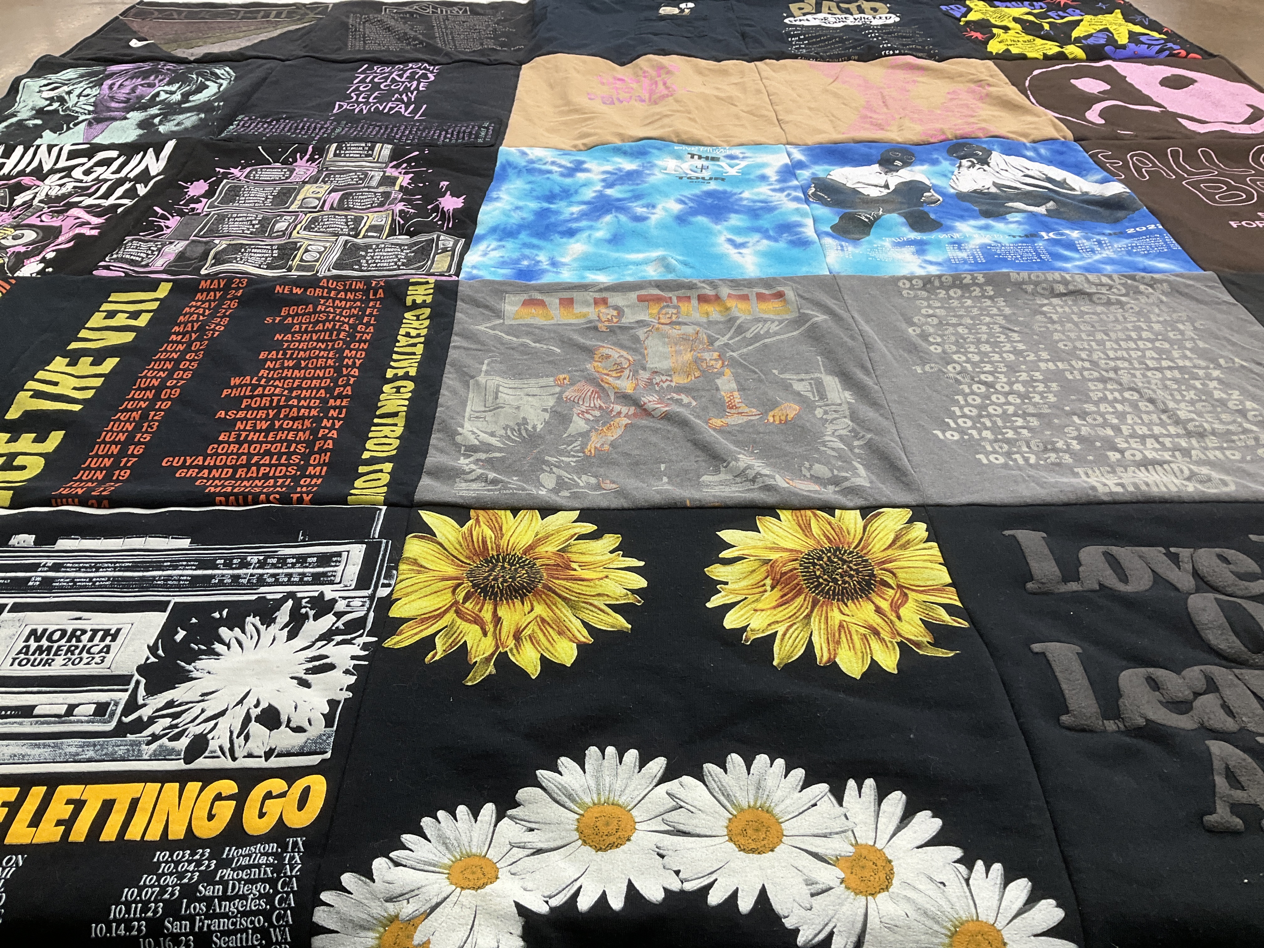 T-shirt quilt with music, concerts themes by Katie from NJ