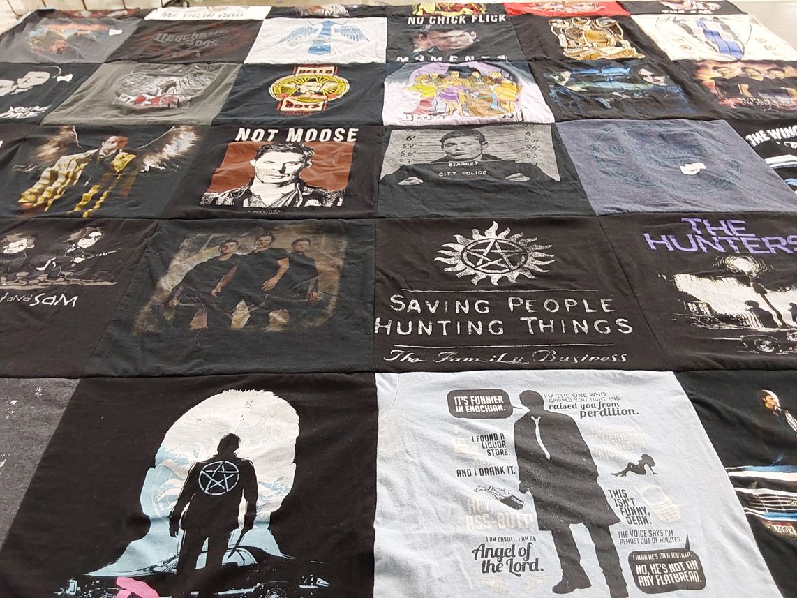 T-shirt quilt with tv shows, humor themes by Catherine from MD