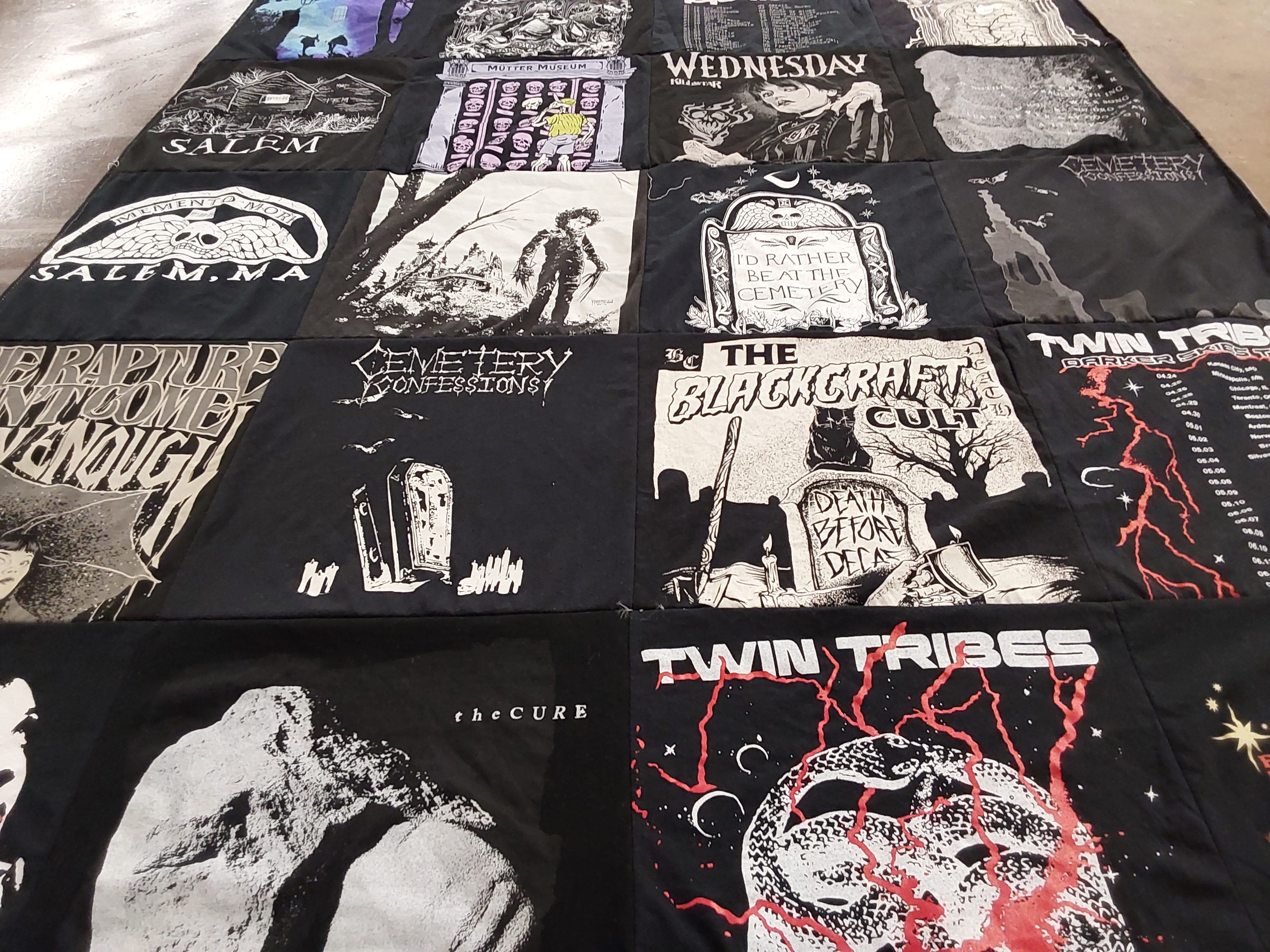 T-shirt quilt with horror, music themes by Tiffany from MA