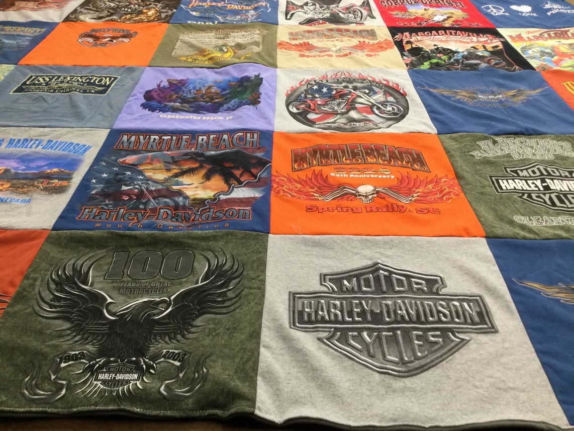 T-shirt quilt with motorcycles, biking themes by Shirley from OH