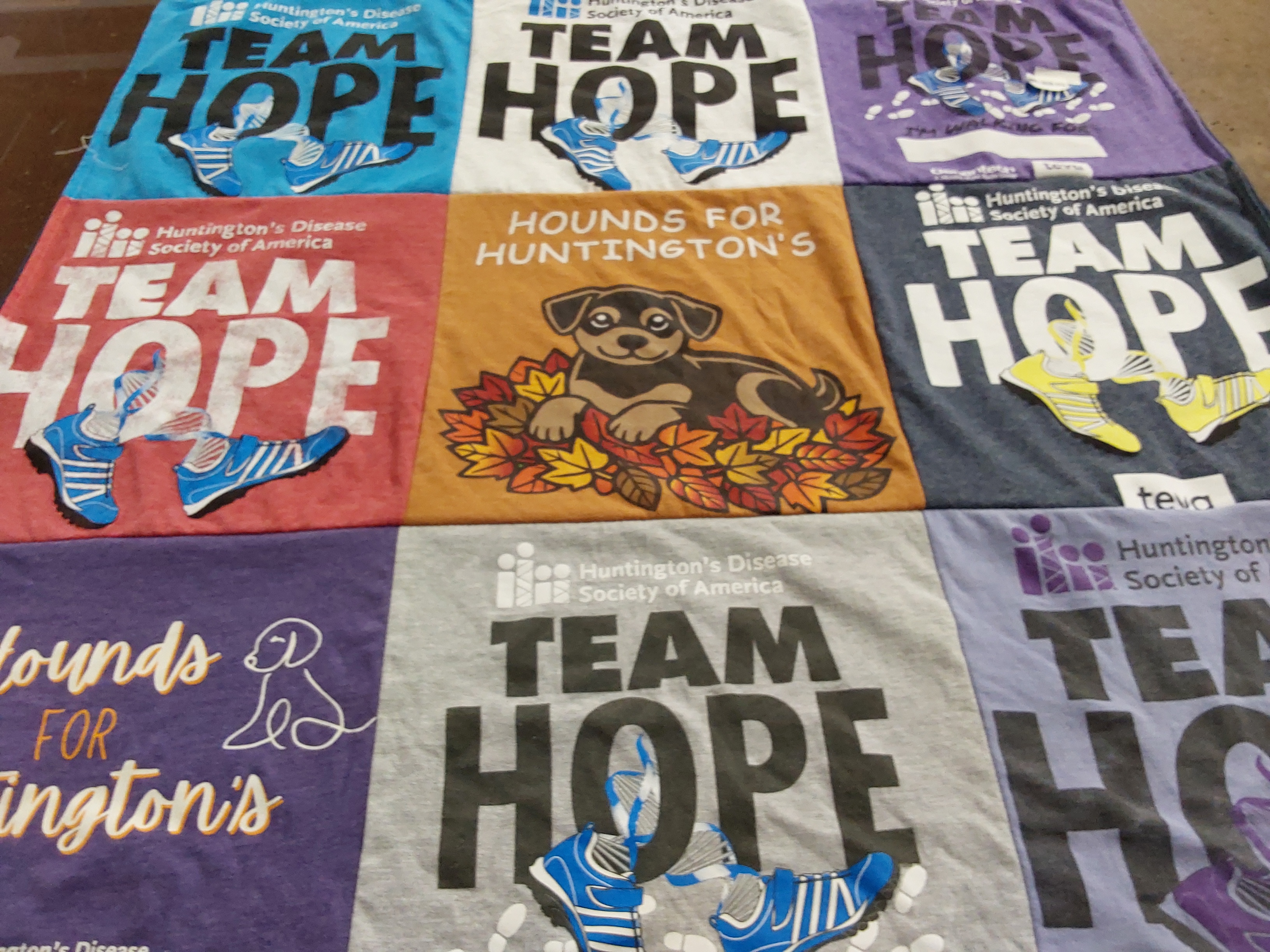 T-shirt quilt with huntington's disease awareness, animal rescue themes by Marcia from MO