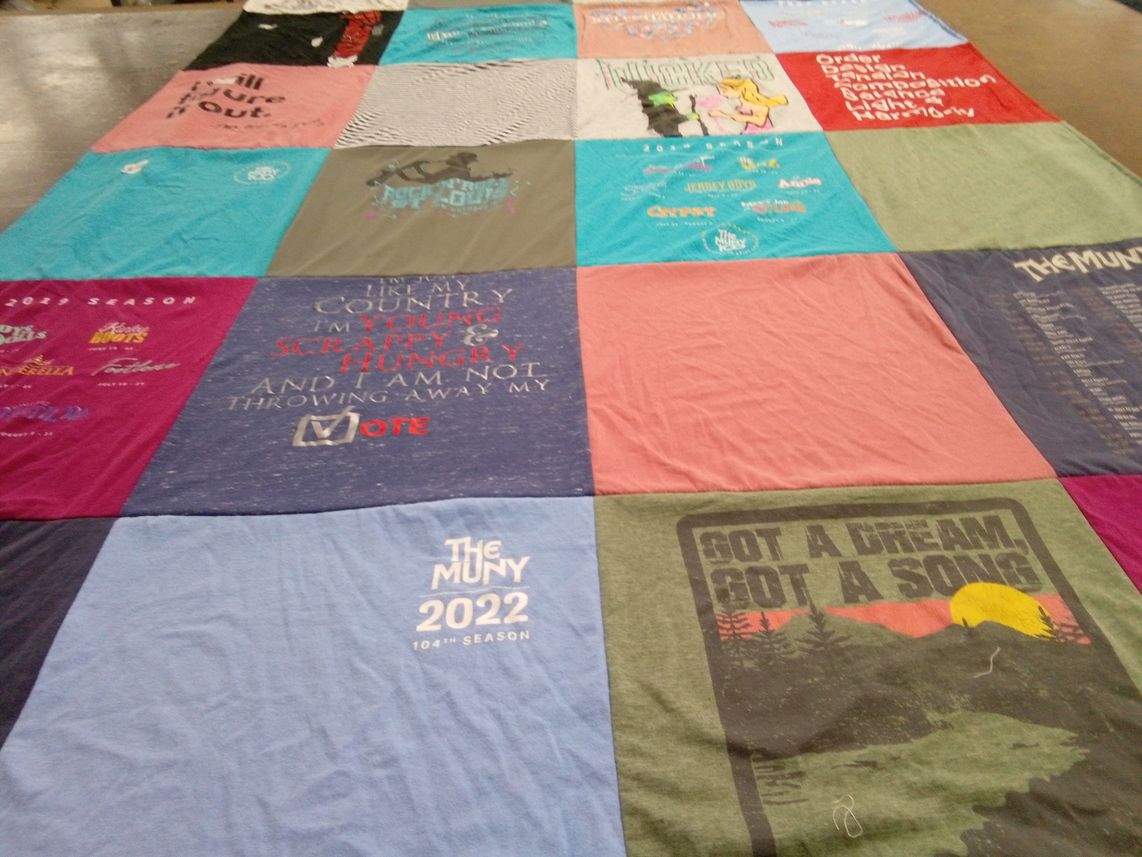 T-shirt quilt with theater, music themes by Heidi from MO