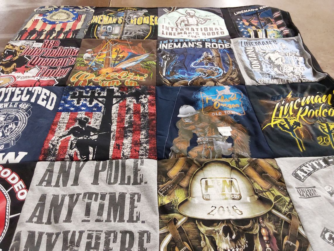 T-shirt quilt with rodeo, lineman work themes by Ryan from CA