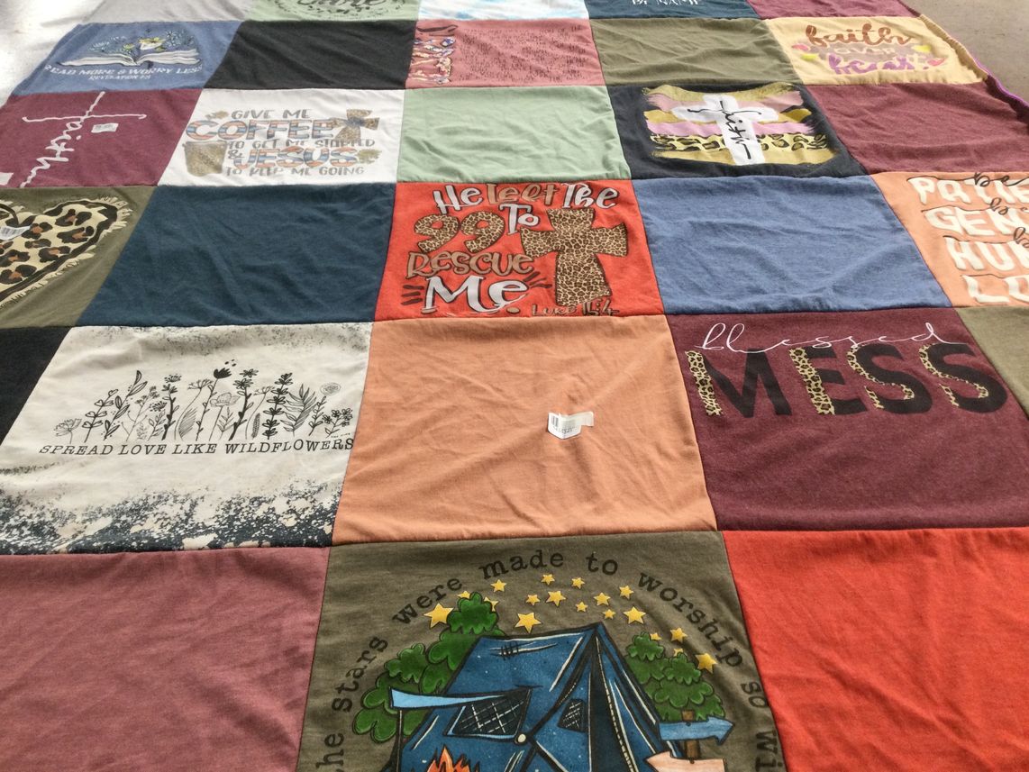 T-shirt quilt with outdoors, spirituality themes by Kathy from TX