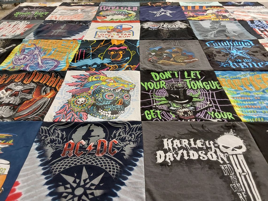 T-shirt quilt with music, motorcycles themes by Danna from TX