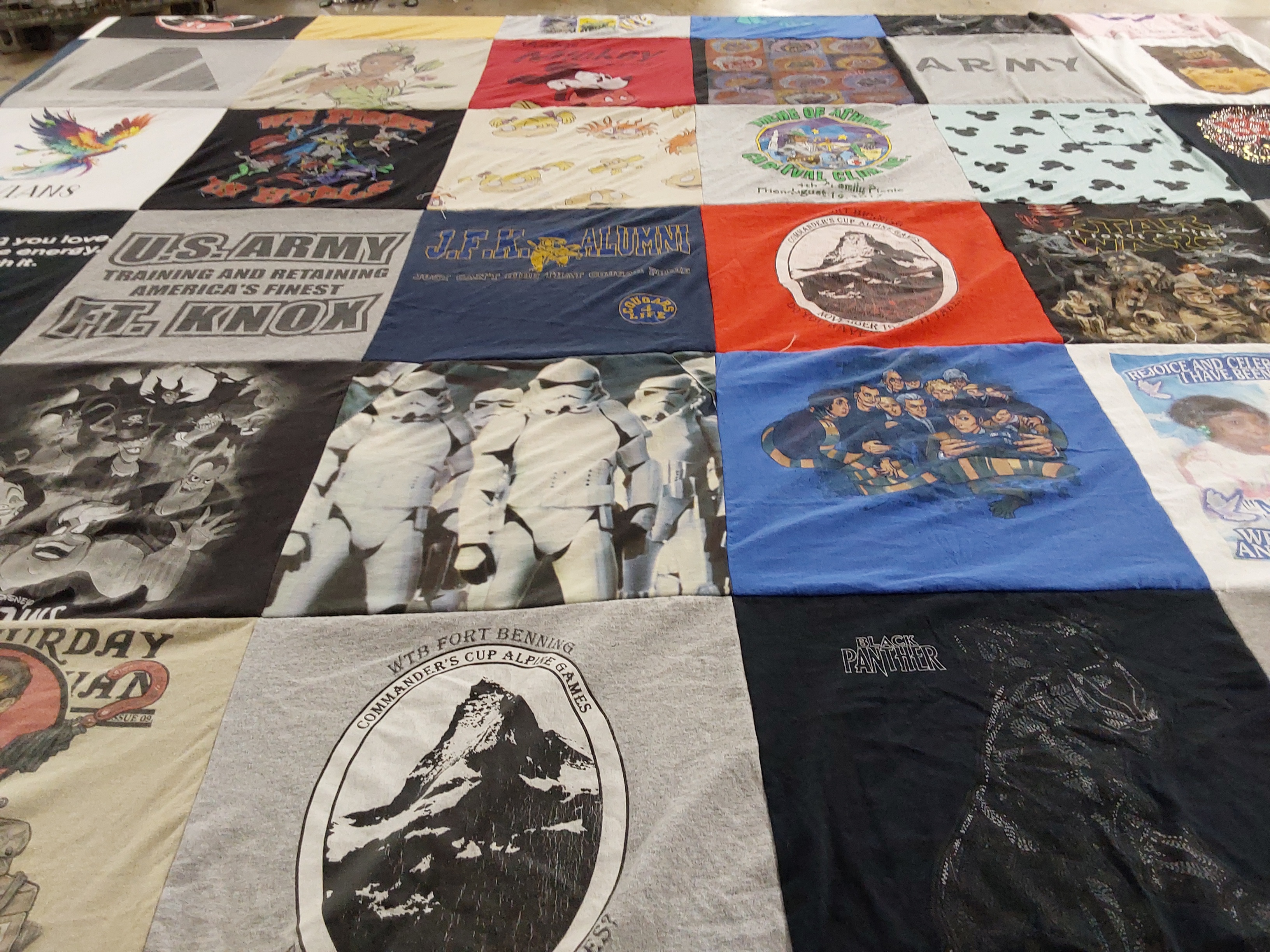 T-shirt quilt with military, movies themes by DIANNA from LA
