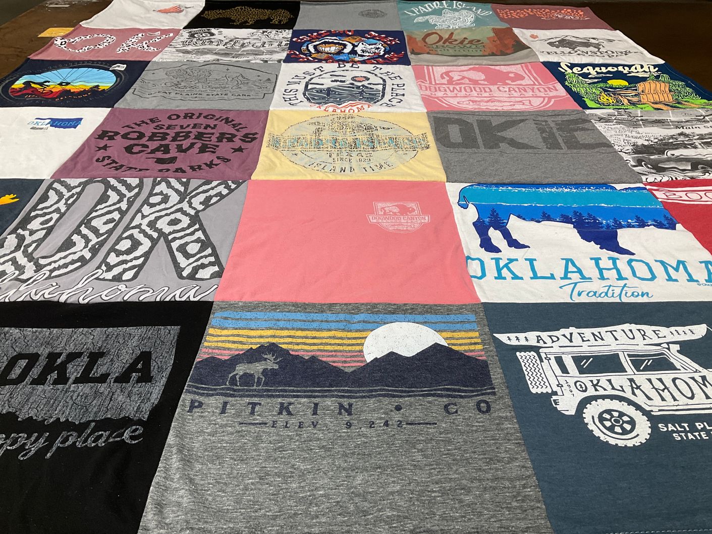 T-shirt quilt with outdoors, travel themes by Christa from OK