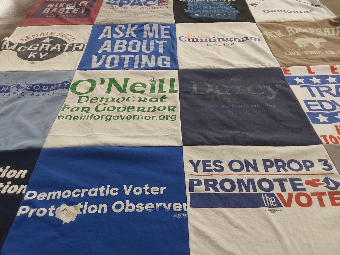 T-shirt quilt with politics, voting rights themes by Trudy Weiss from KY