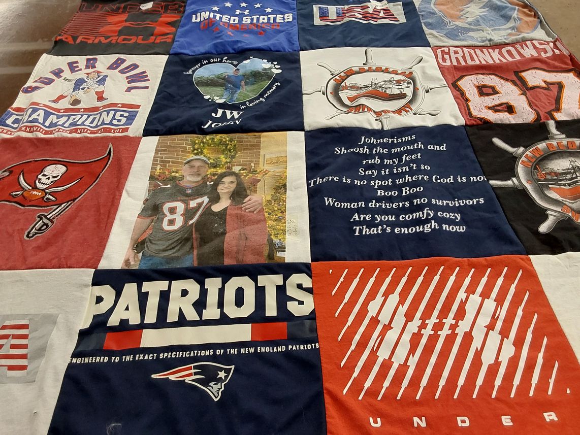 T-shirt quilt featuring tampa bay buccaneers, new england patriots by Laurie from MA