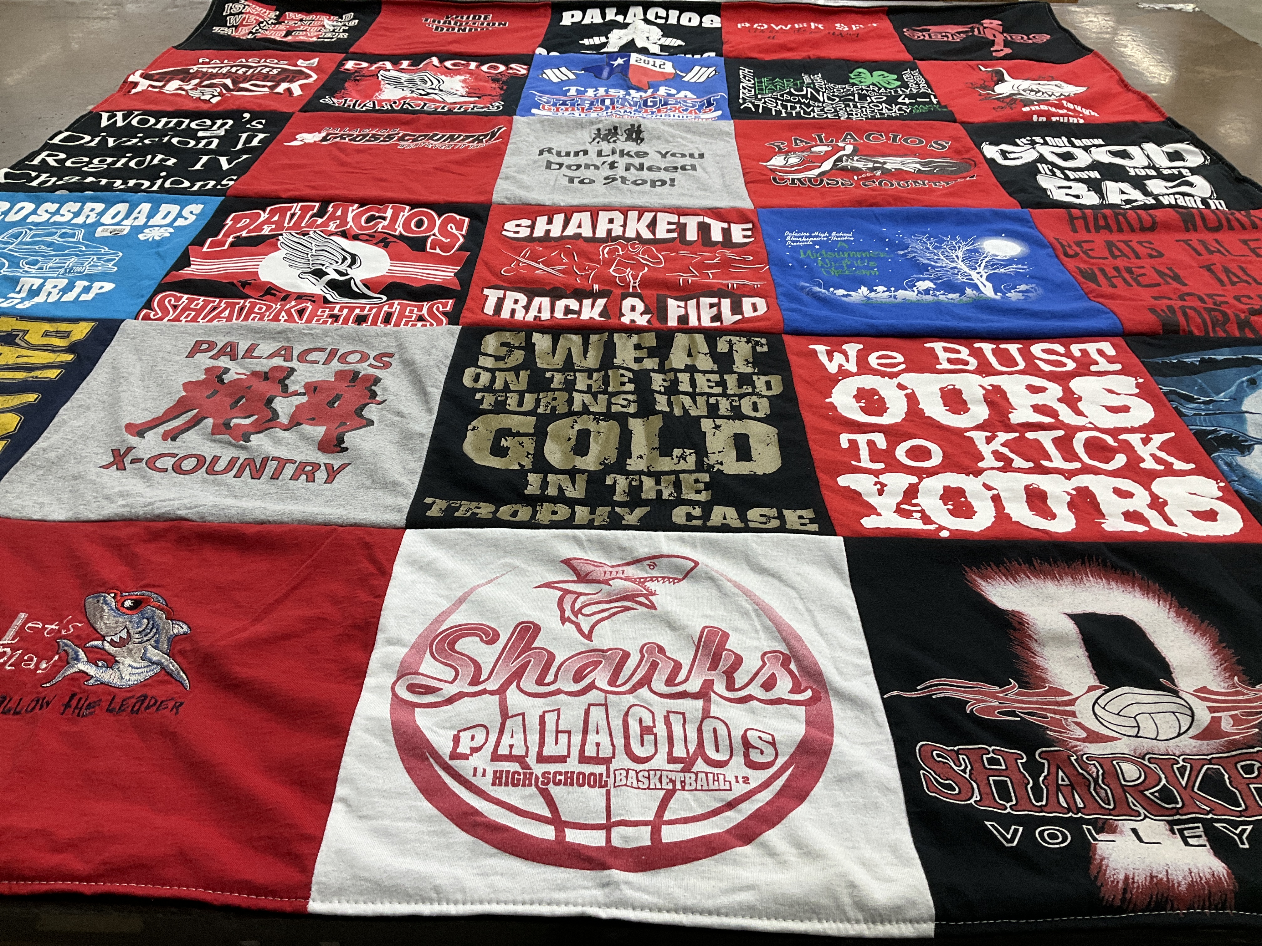 T-shirt quilt featuring palacios sharks, palacios x-country by Amee from MS