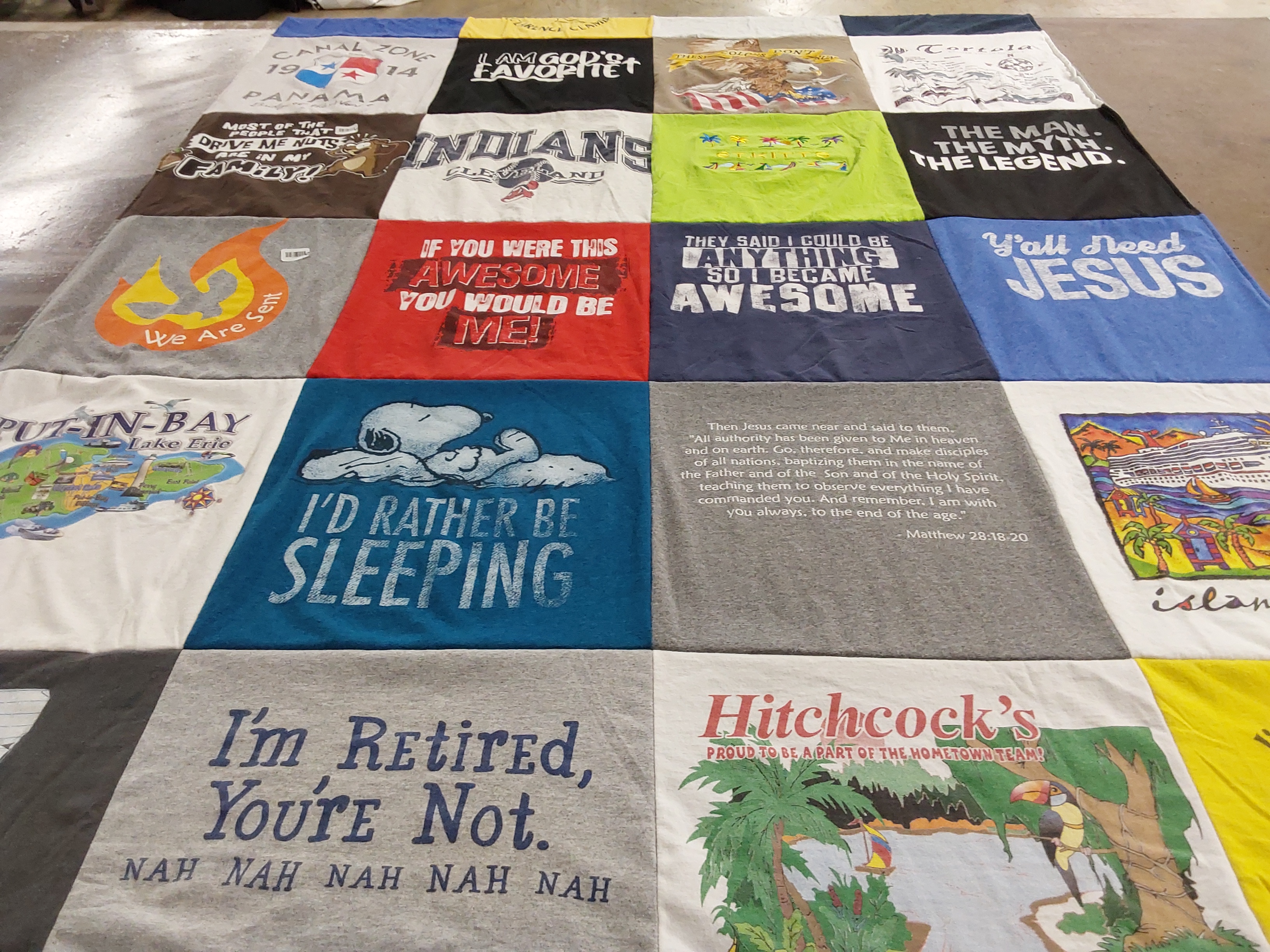T-shirt quilt with travel, sleeping themes by Linda from FL