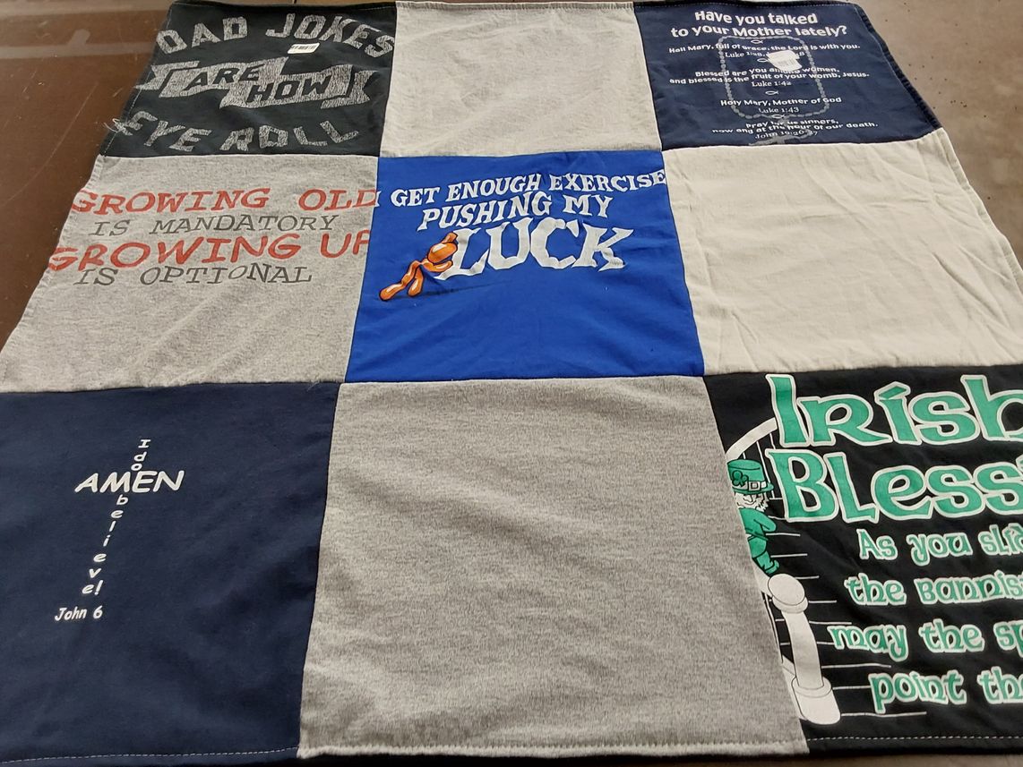 T-shirt quilt with humor, fitness themes by Linda from FL