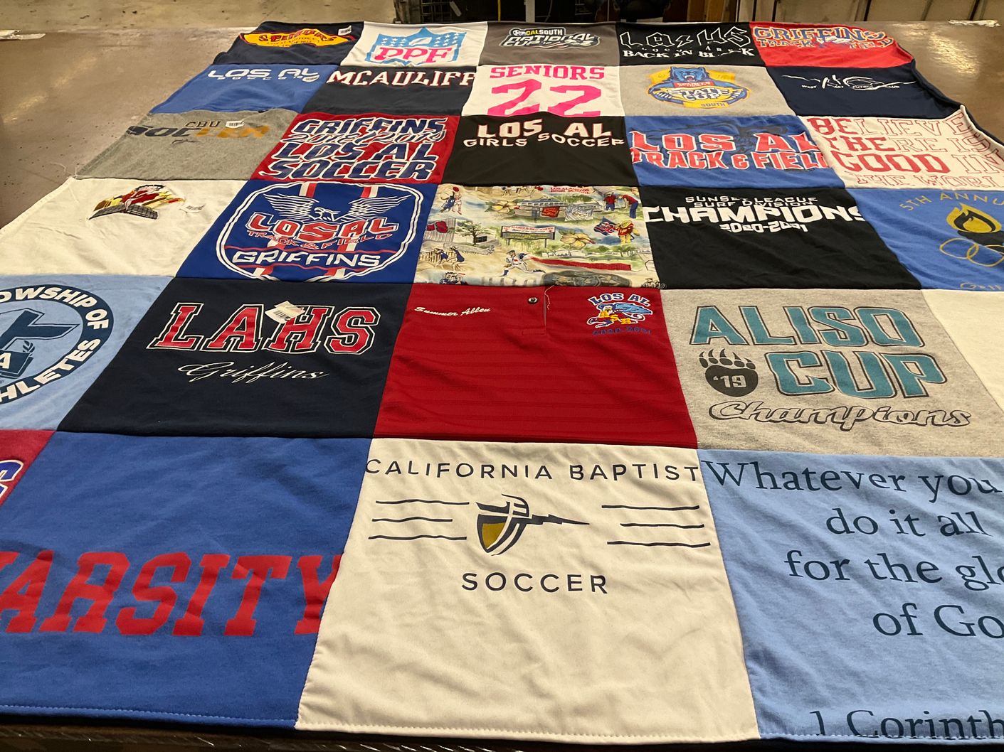 T-shirt quilt featuring los alamos high school griffins by Annette from CA