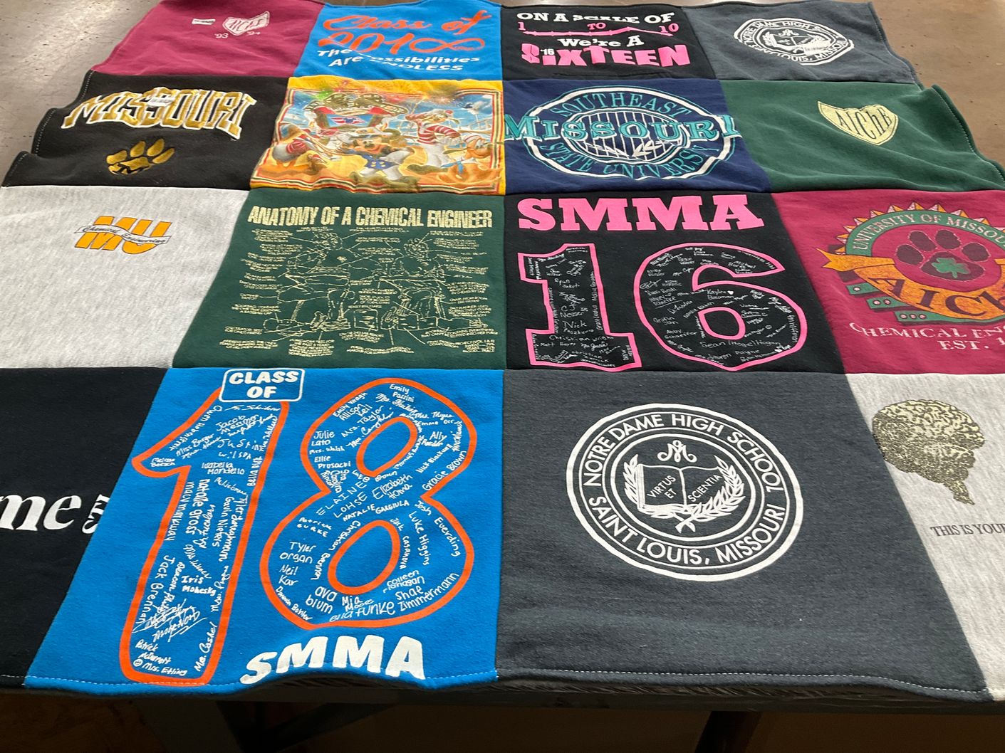 T-shirt quilt from southeast missouri university, notre dame high school by Noel from MO