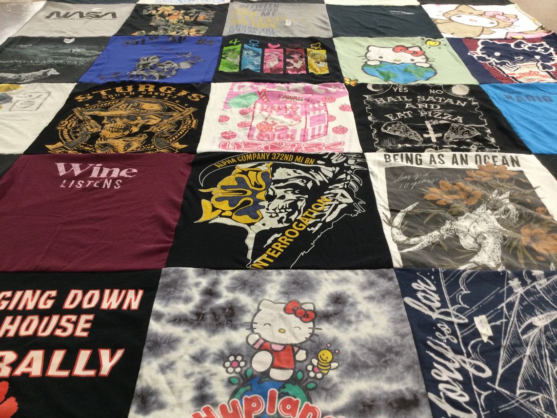 T-shirt quilt with motorcycles, music themes by Rachelle from OH