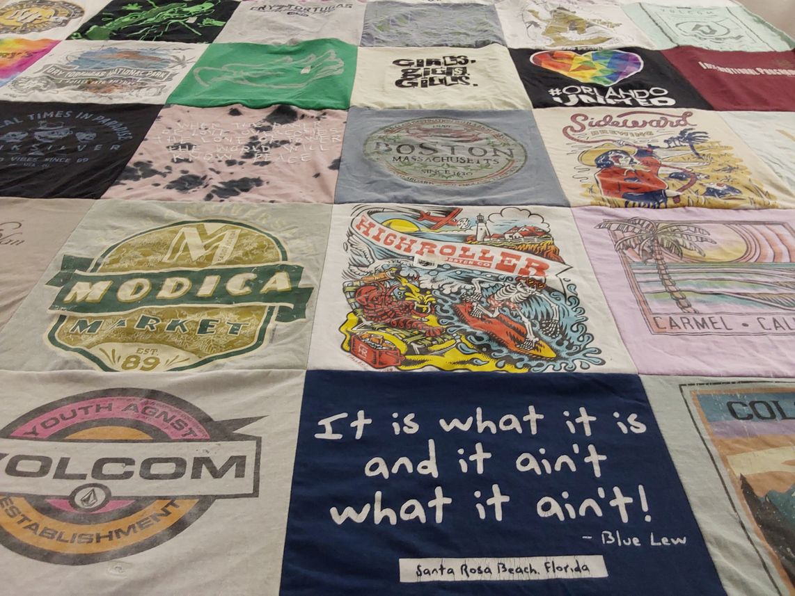 T-shirt quilt with beach, travel themes by Lindsey from FL