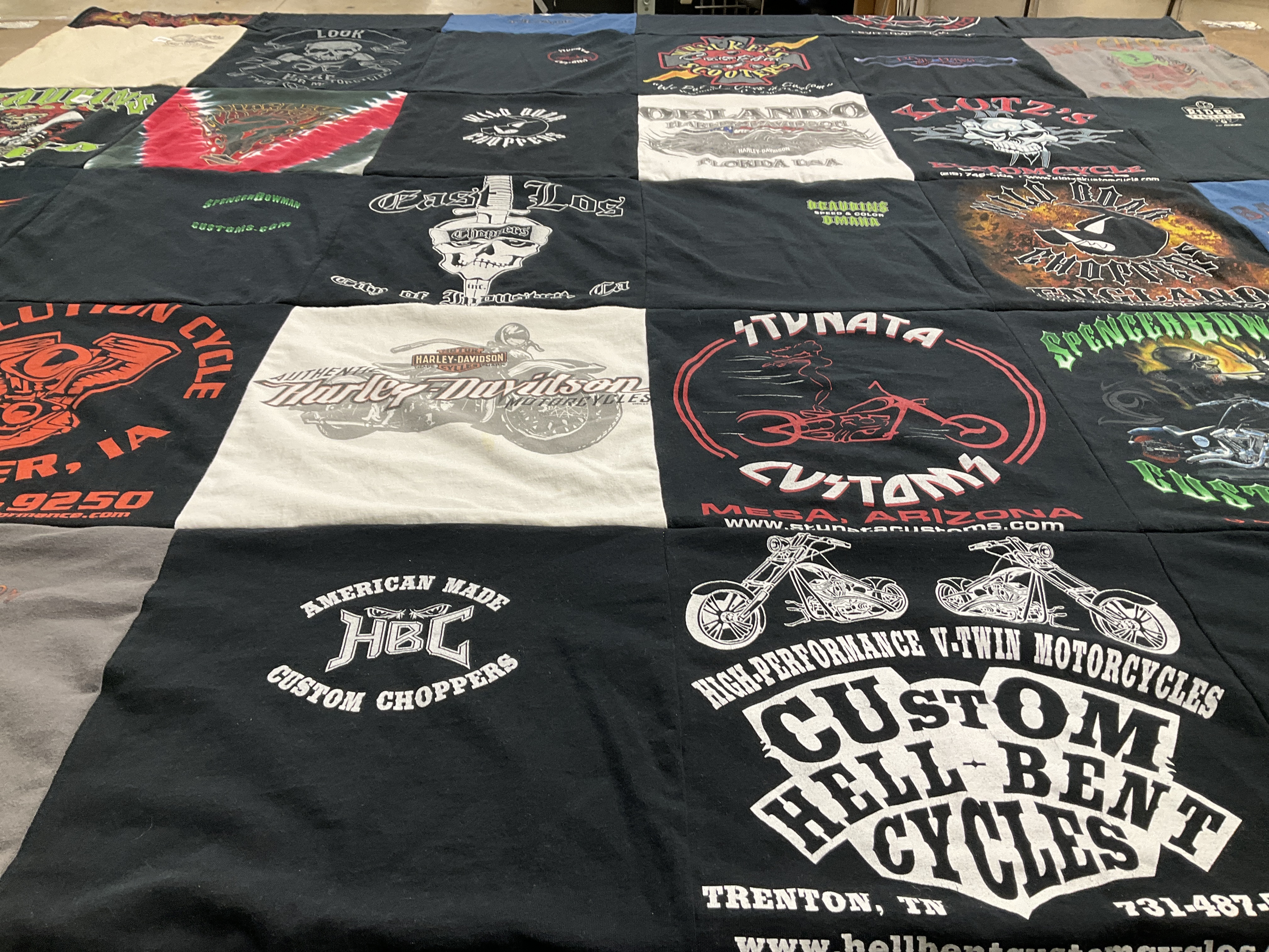 T-shirt quilt with motorcycles, chopper customizations themes by Linda from OK