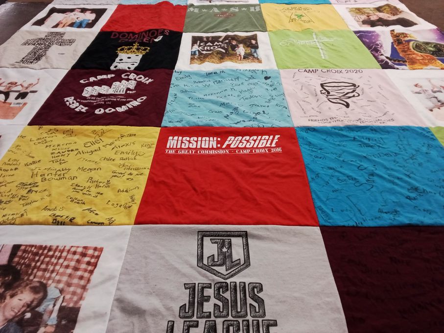 T-shirt quilt with camping, faith themes by Rachel from WI