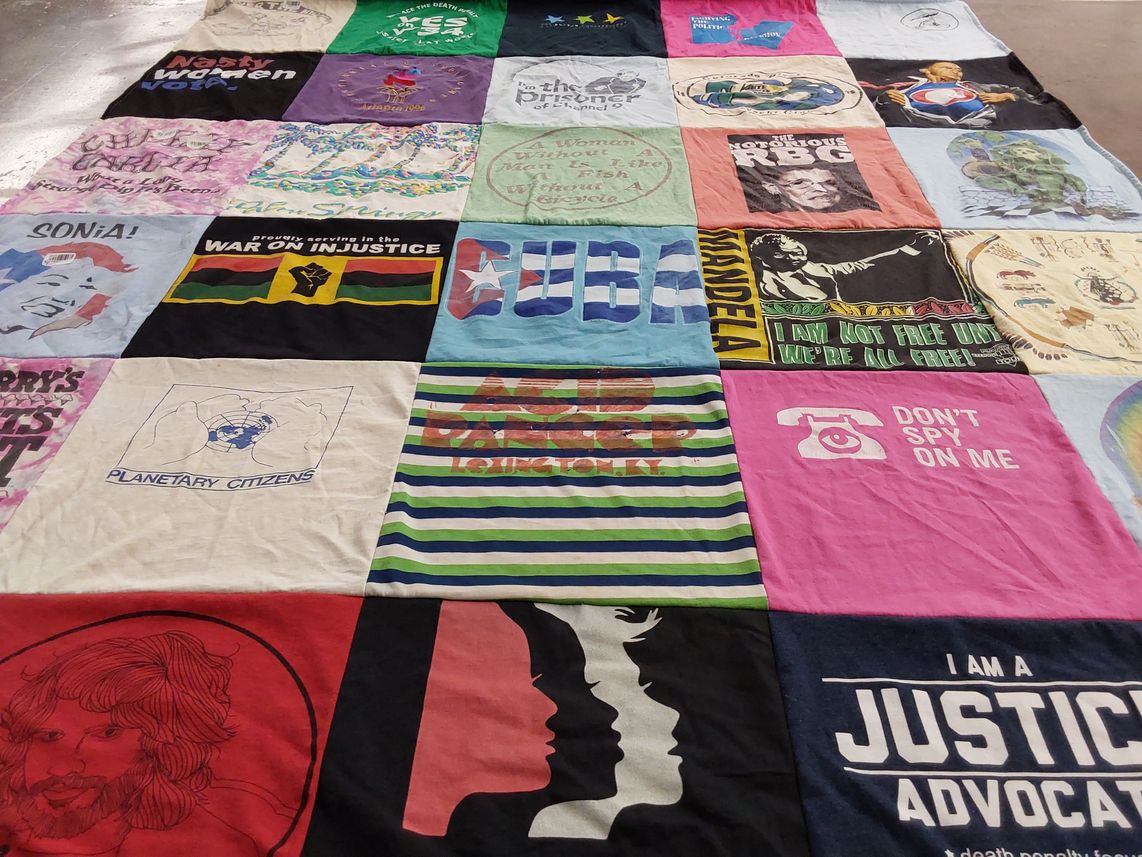 T-shirt quilt with social justice, activism themes by Elizabeth from CA