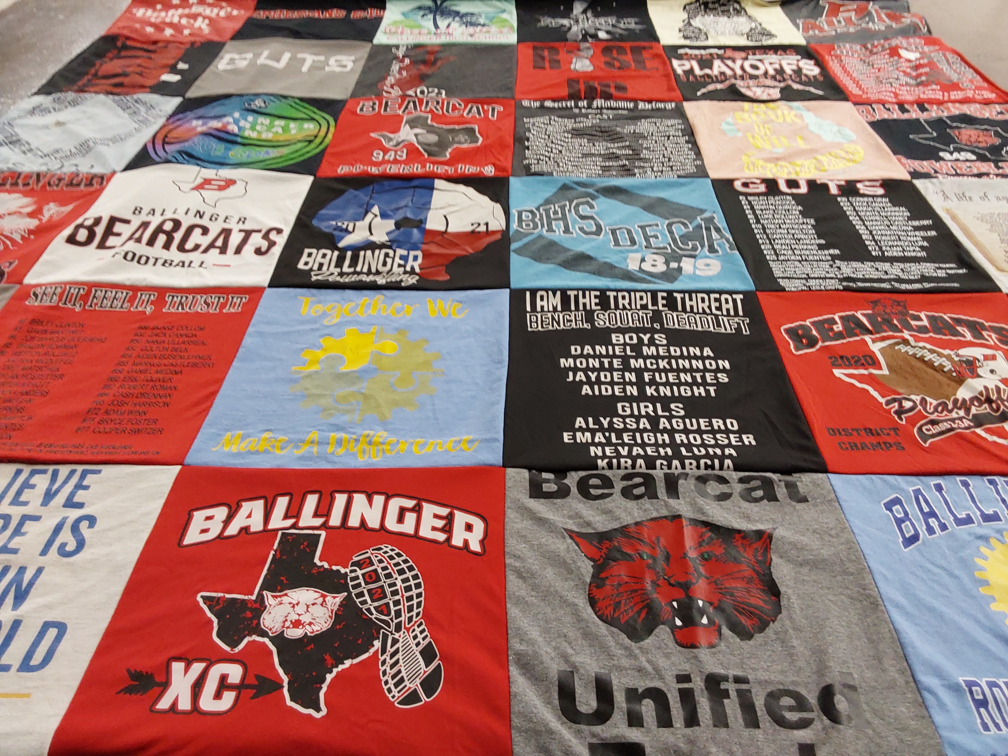 Custom Project Repat t-shirt quilt featuring shirts from ballinger high school.