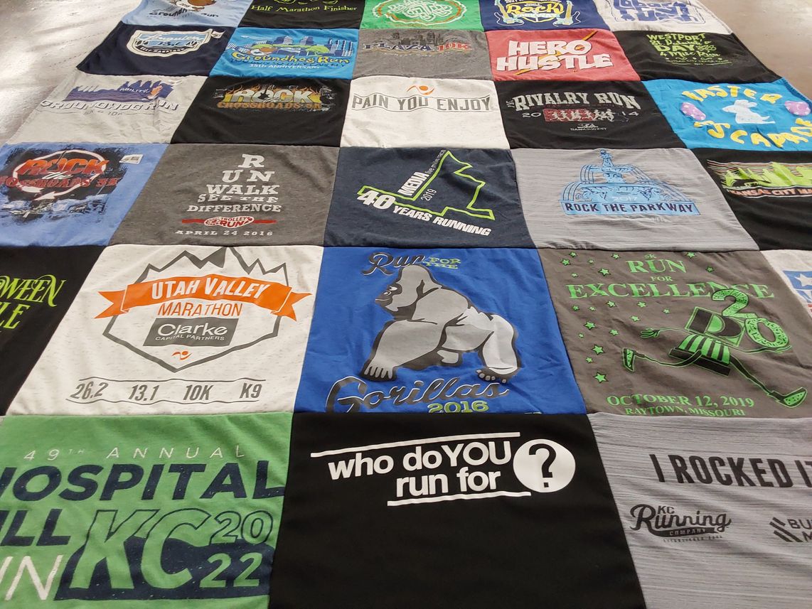 T-shirt quilt with running, marathons themes by Jill from KS
