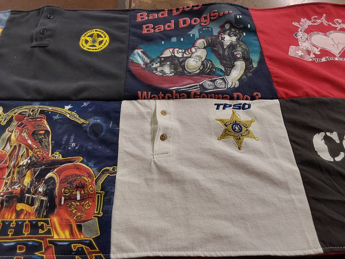 T-shirt quilt with law enforcement, pets themes by Tana R from LA