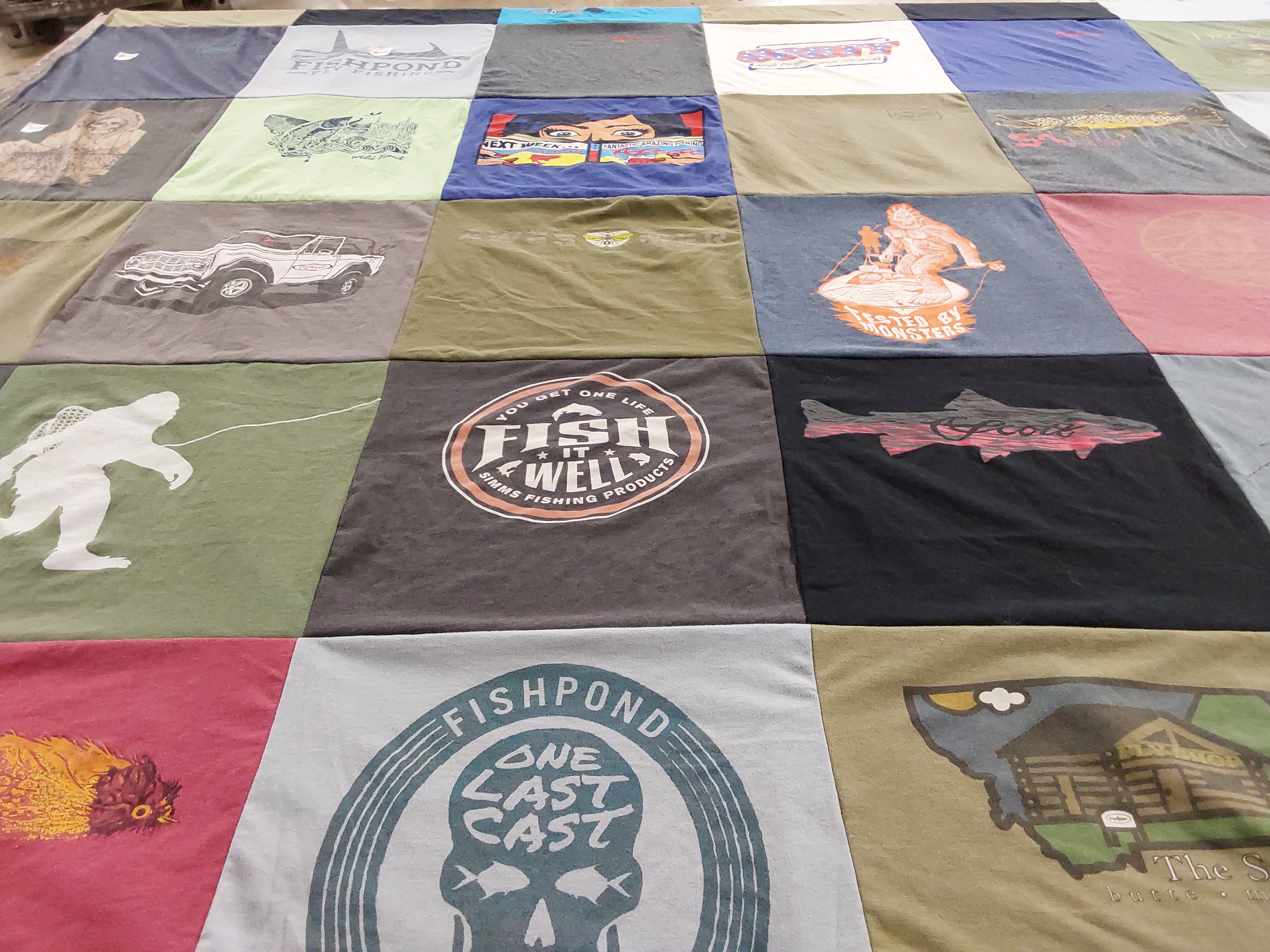 T-shirt quilt with fishing, outdoors themes by Mike from MT