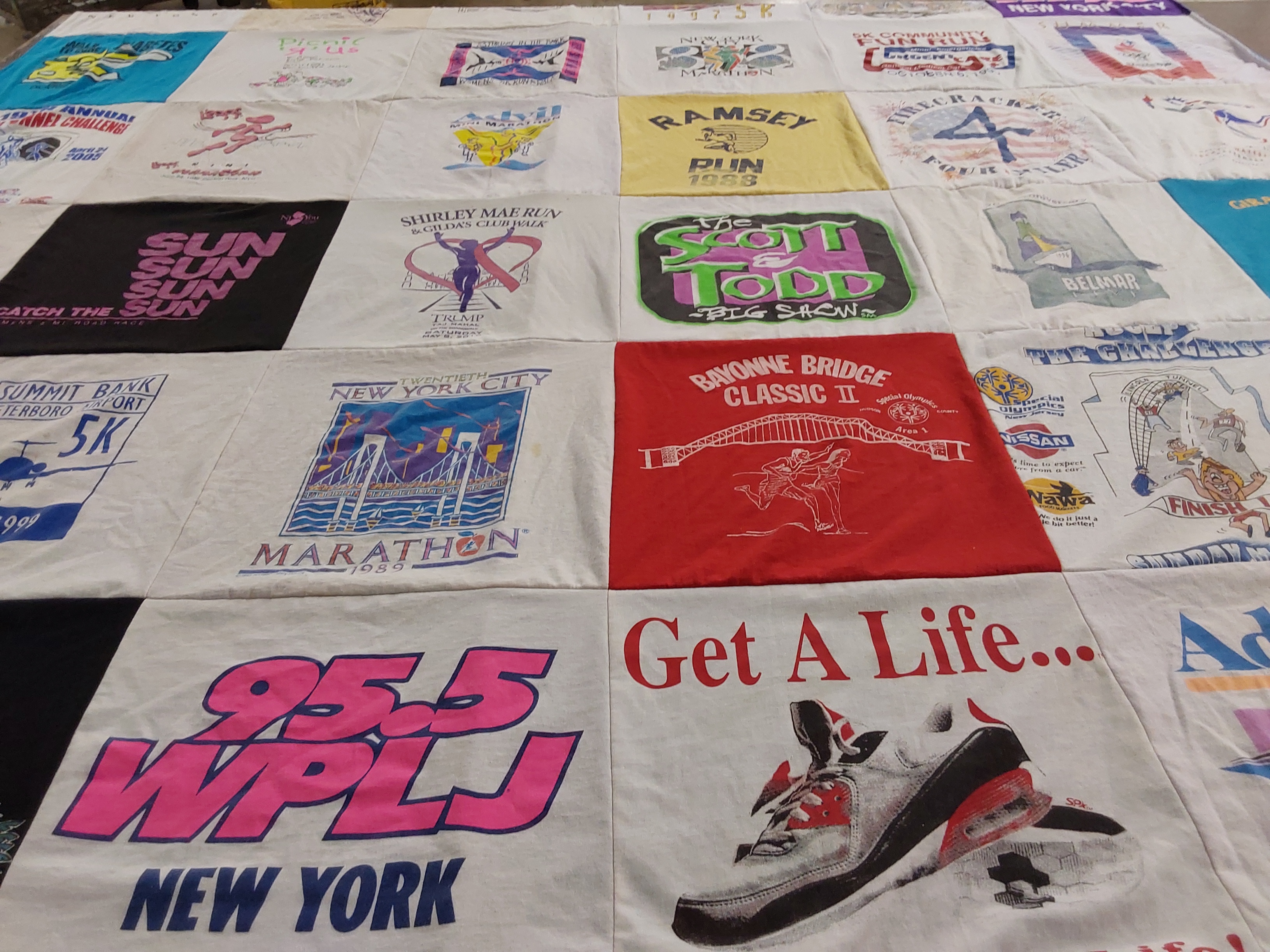 T-shirt quilt with running, radio themes by Samia from NJ