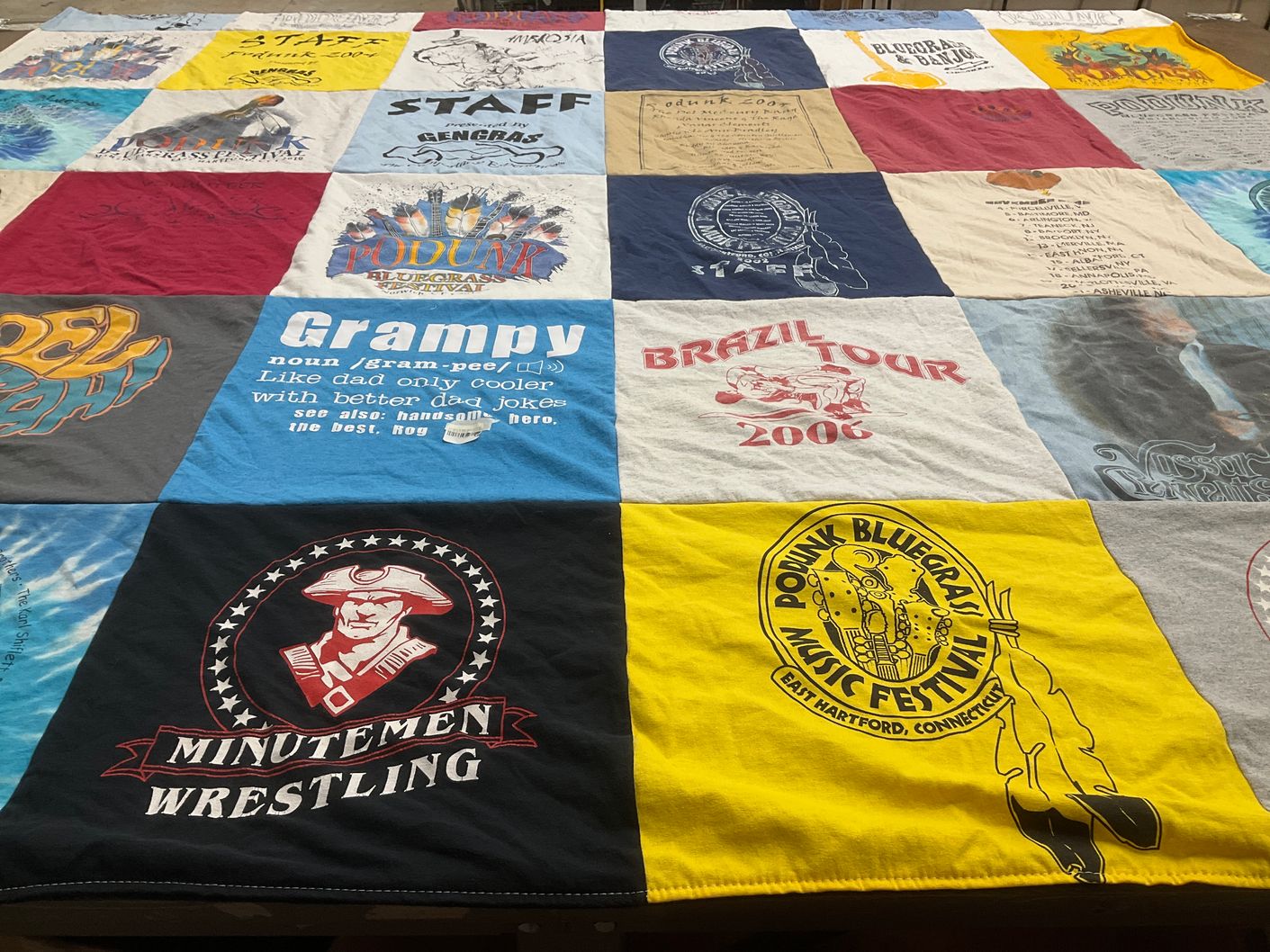 T-shirt quilt with wrestling, bluegrass music themes by Roger from CT