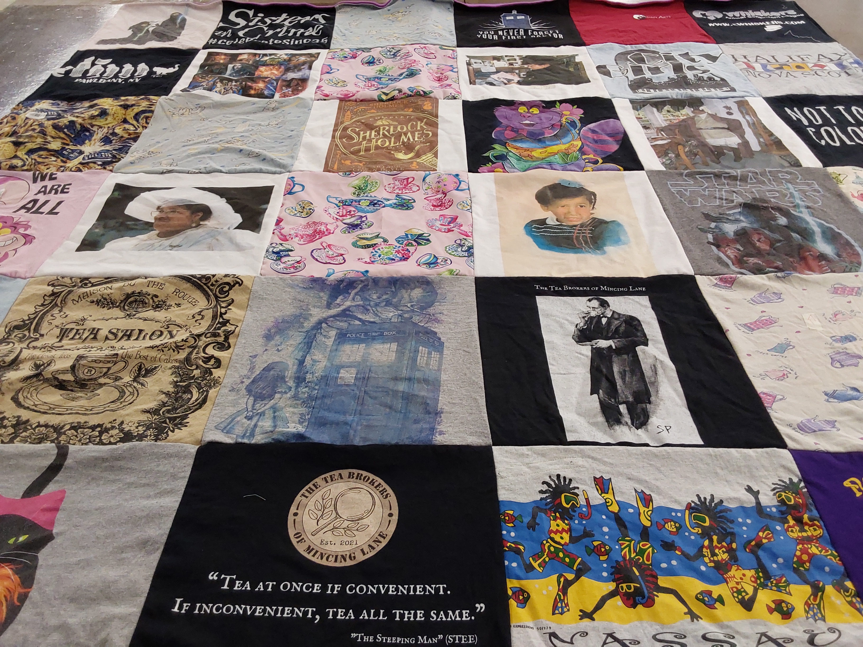 T-shirt quilt with tea, sherlock holmes themes by Robin from PA