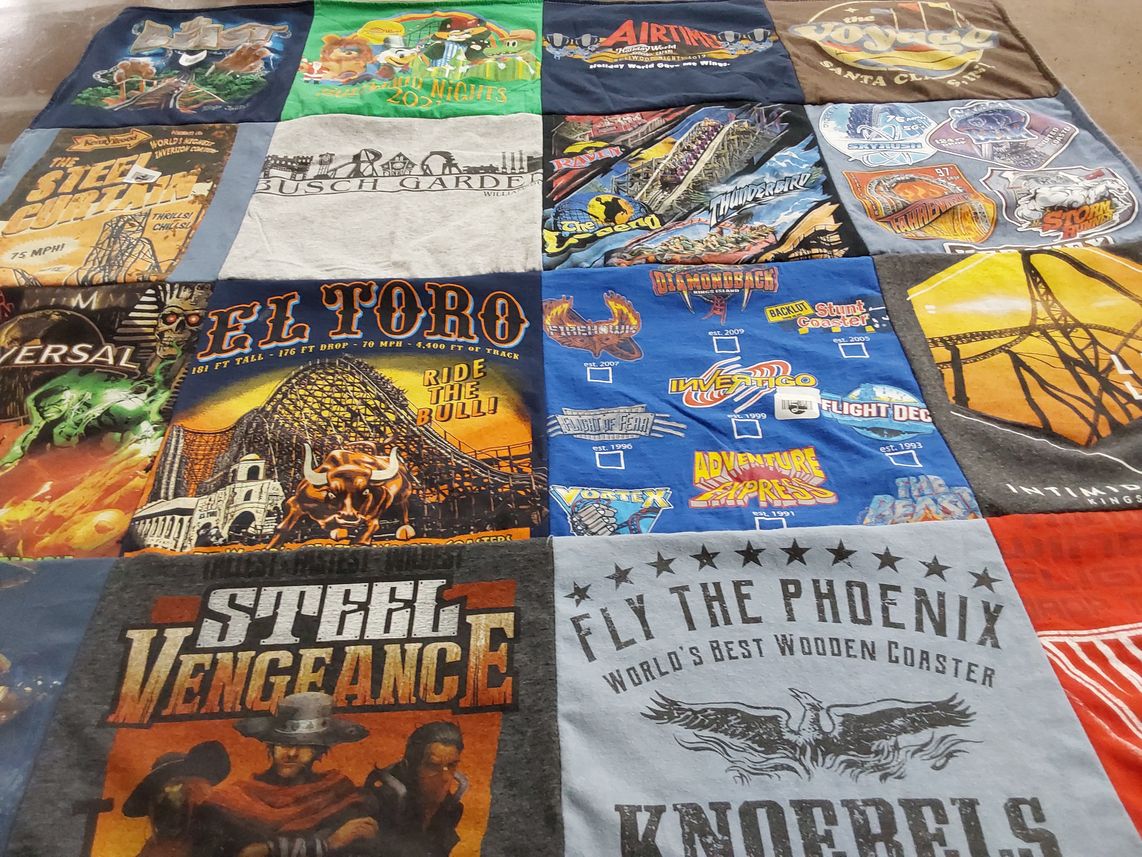 T-shirt quilt with amusement parks, roller coasters themes by Laura from OH