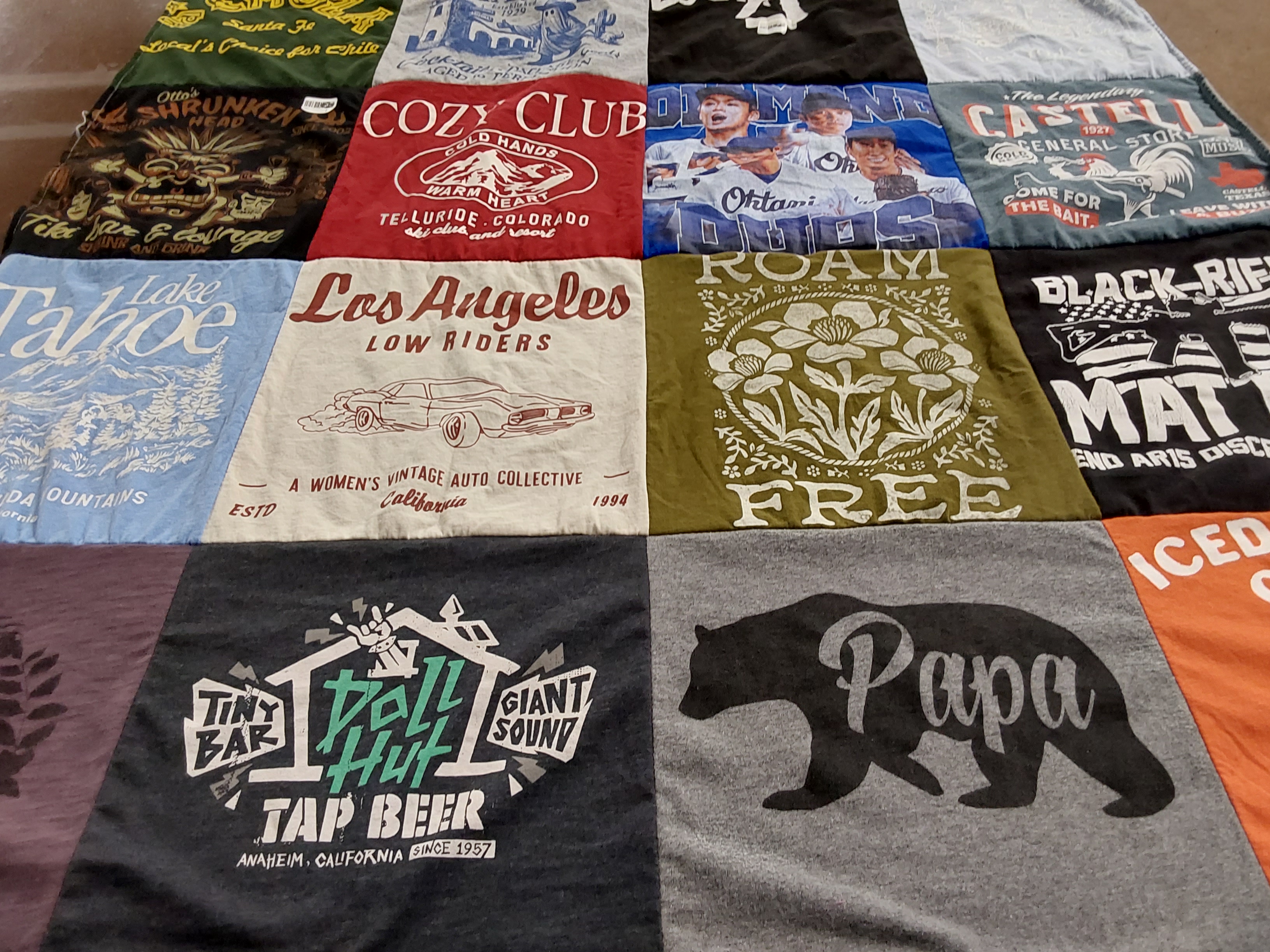 T-shirt quilt with vintage cars, beer themes by Patti from OR