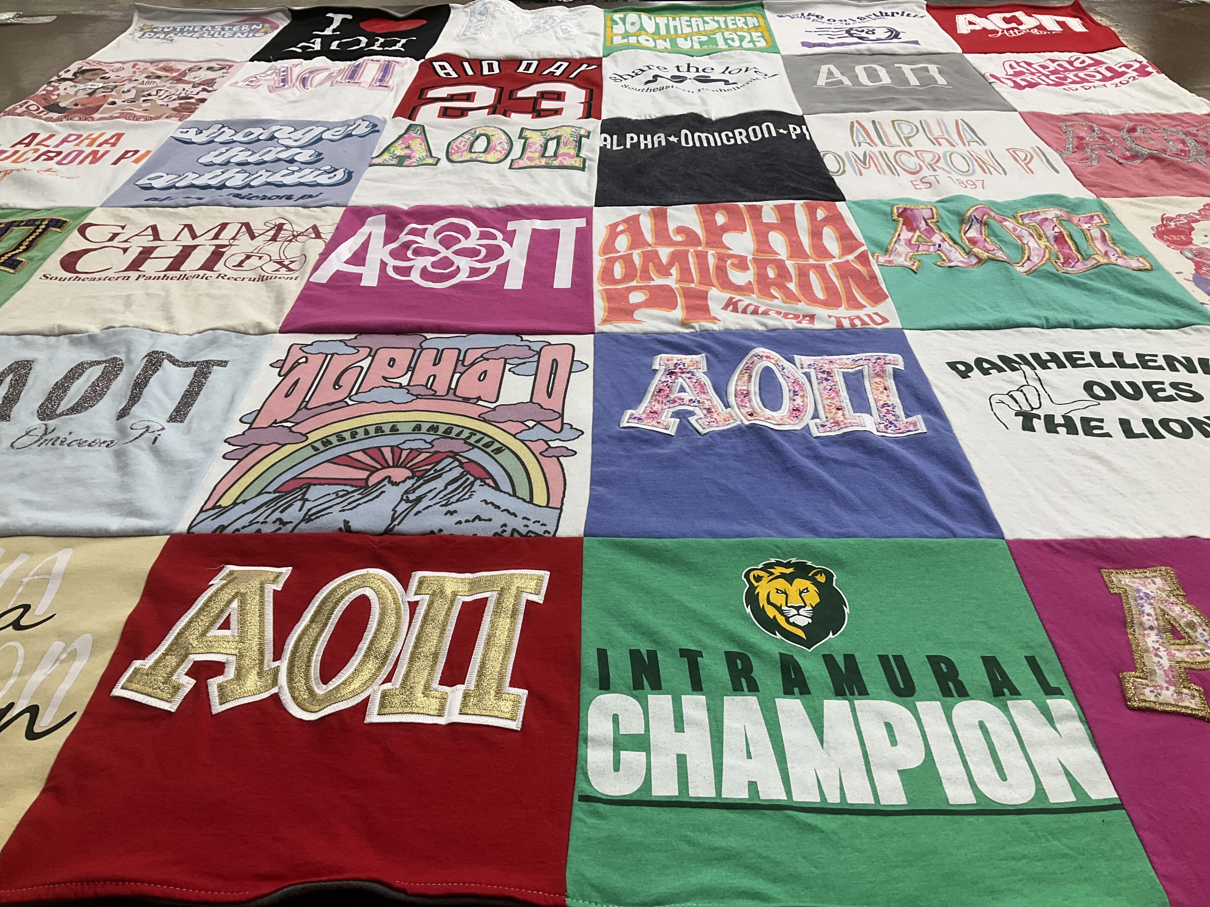 T-shirt quilt with sorority, sisterhood themes by Sarah from LA