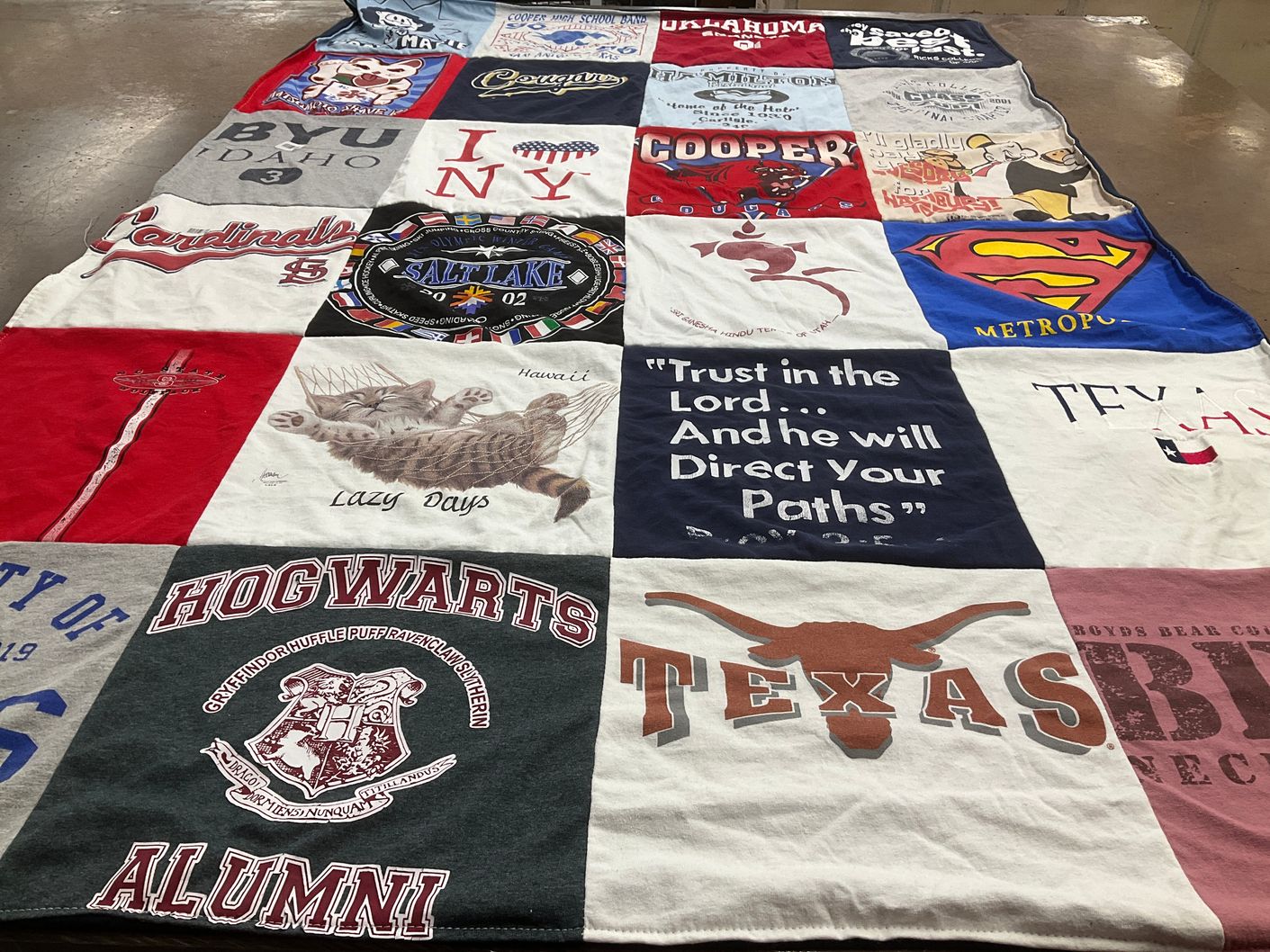 T-shirt quilt from brigham young university idaho, university of texas at austin by Karen from IL