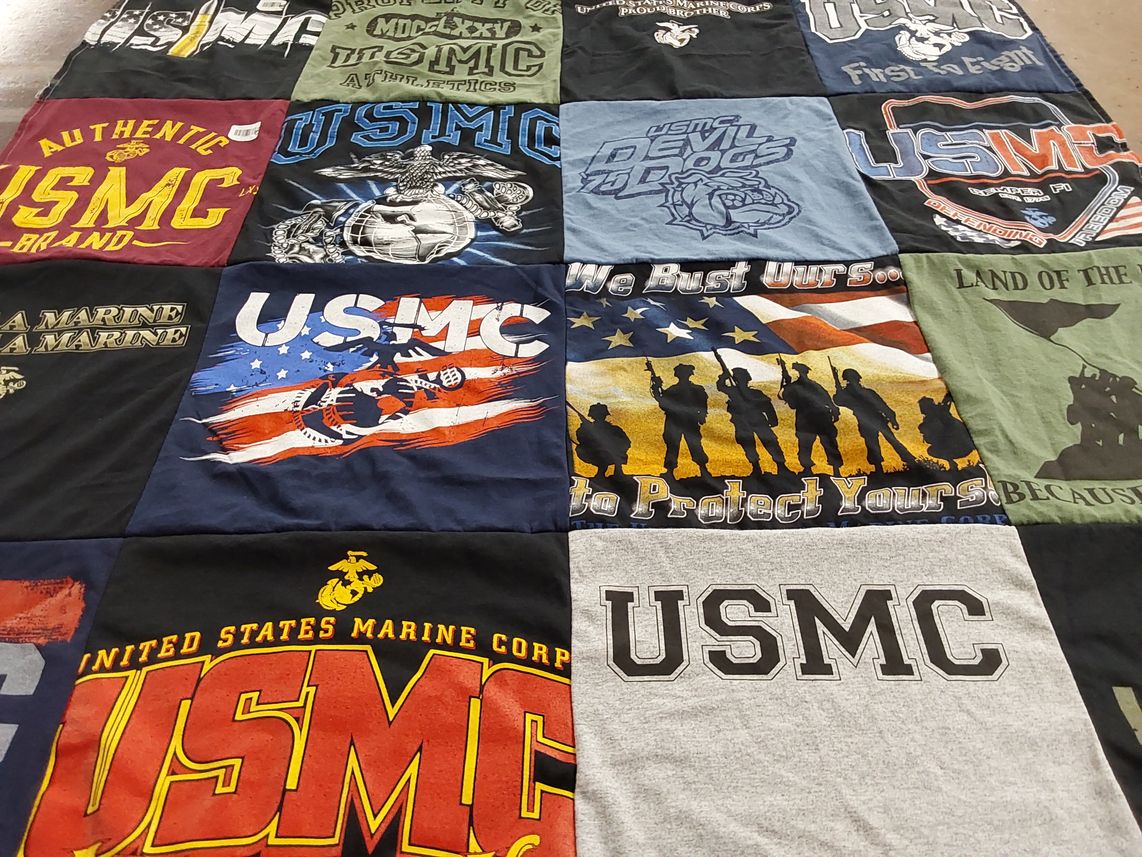 T-shirt quilt with military, usmc themes by Kathy from WI