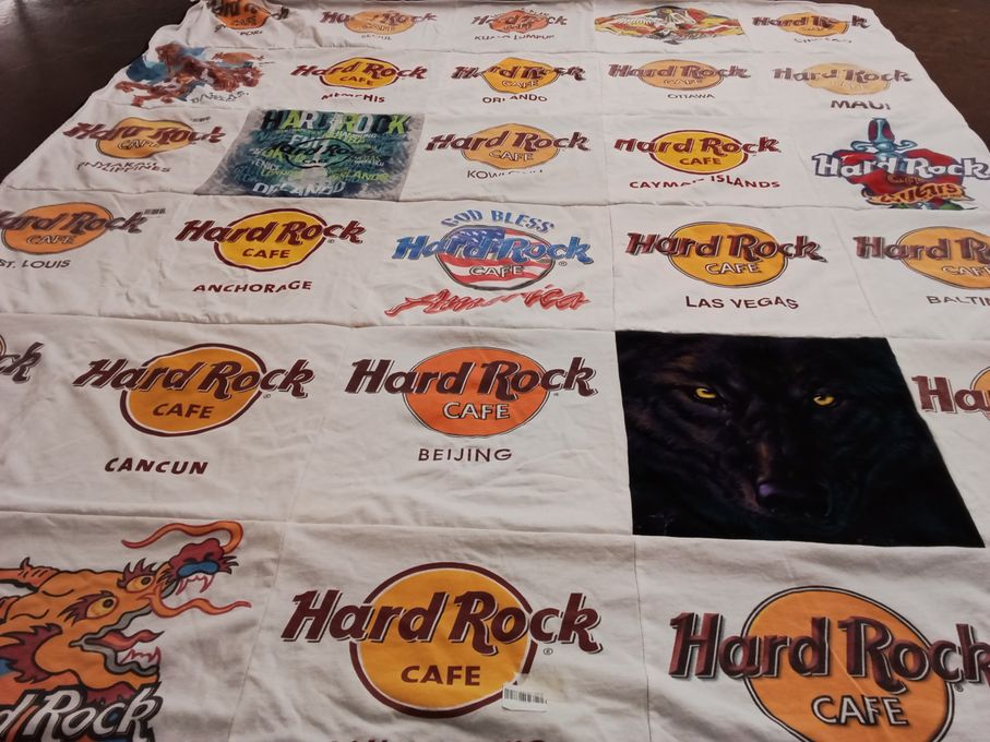 T-shirt quilt with music, travel themes by Karen from IL