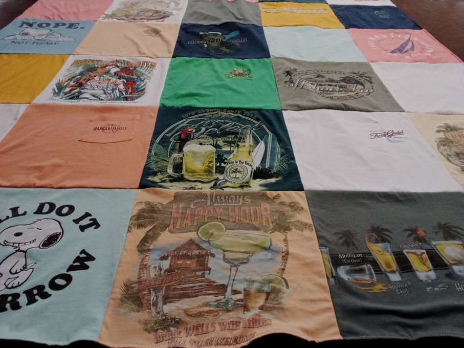 T-shirt quilt with beach, cocktails themes by Patricia from PA