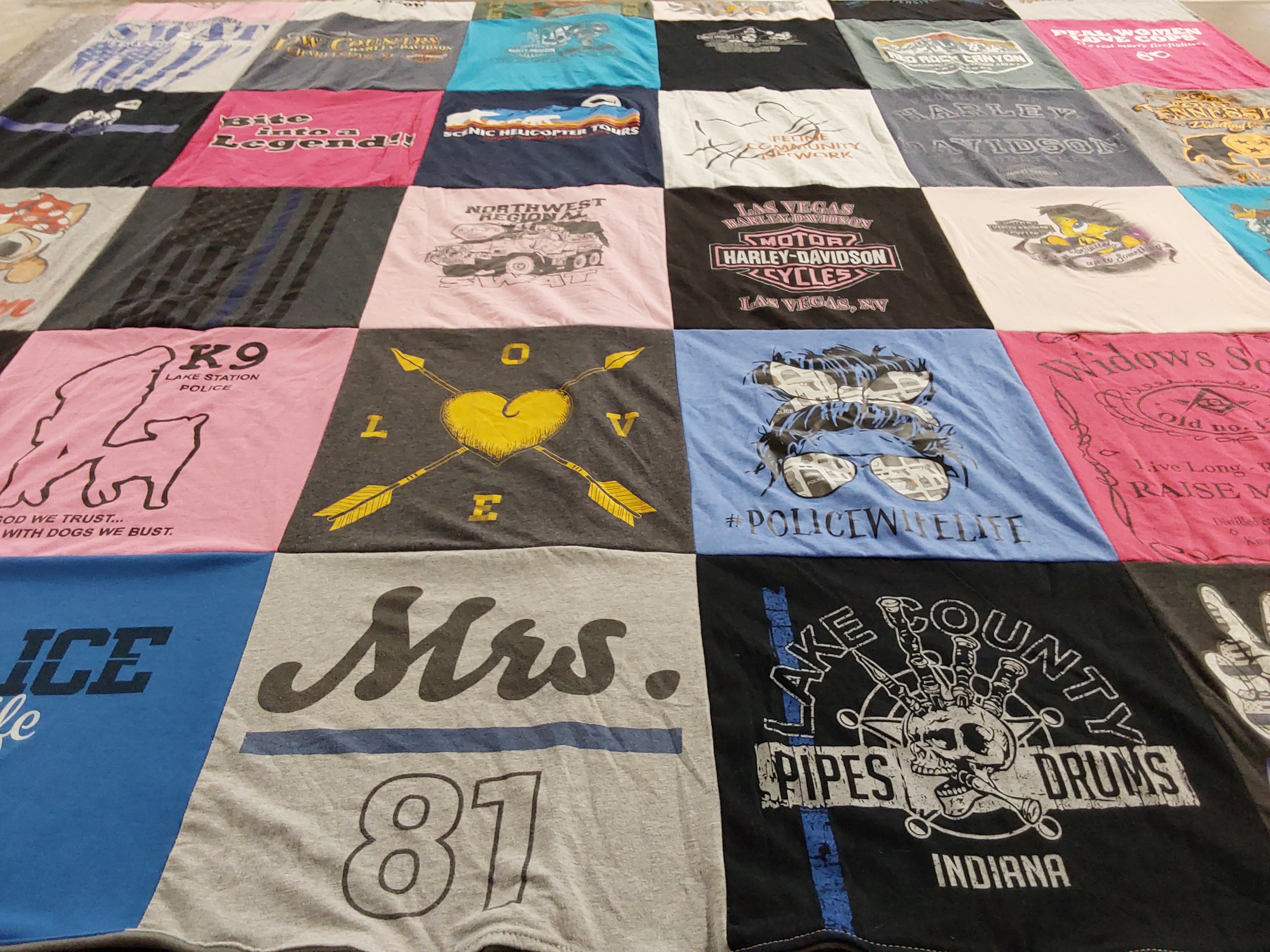 T-shirt quilt with law enforcement, motorcycles themes by Peggy from TN