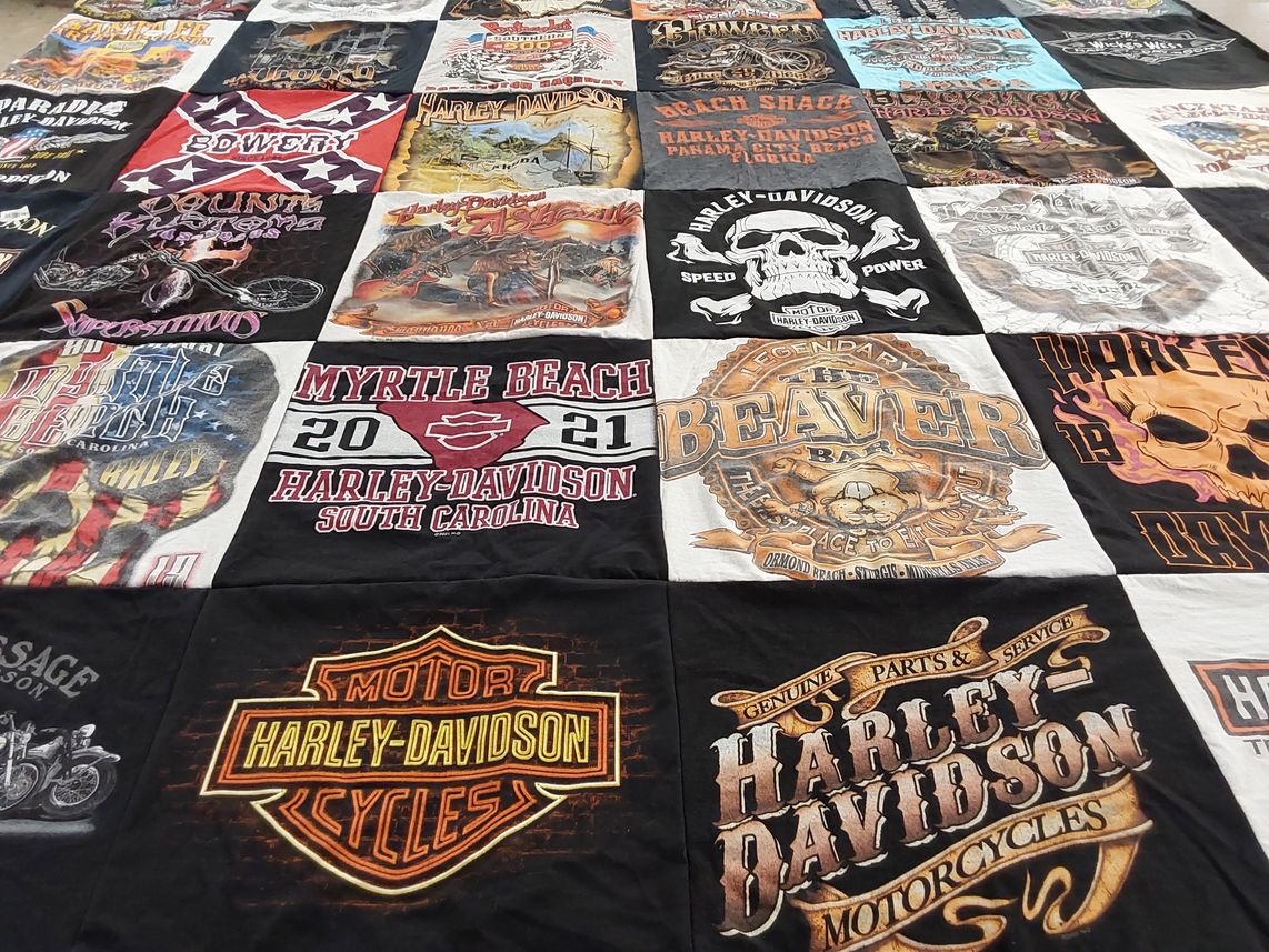 T-shirt quilt with motorcycles, biking themes by Sharon from SC
