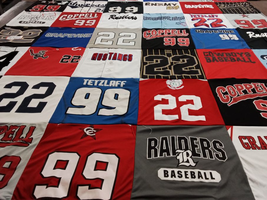 T-shirt quilt featuring raiders baseball, coppell mustangs by Beth from TX