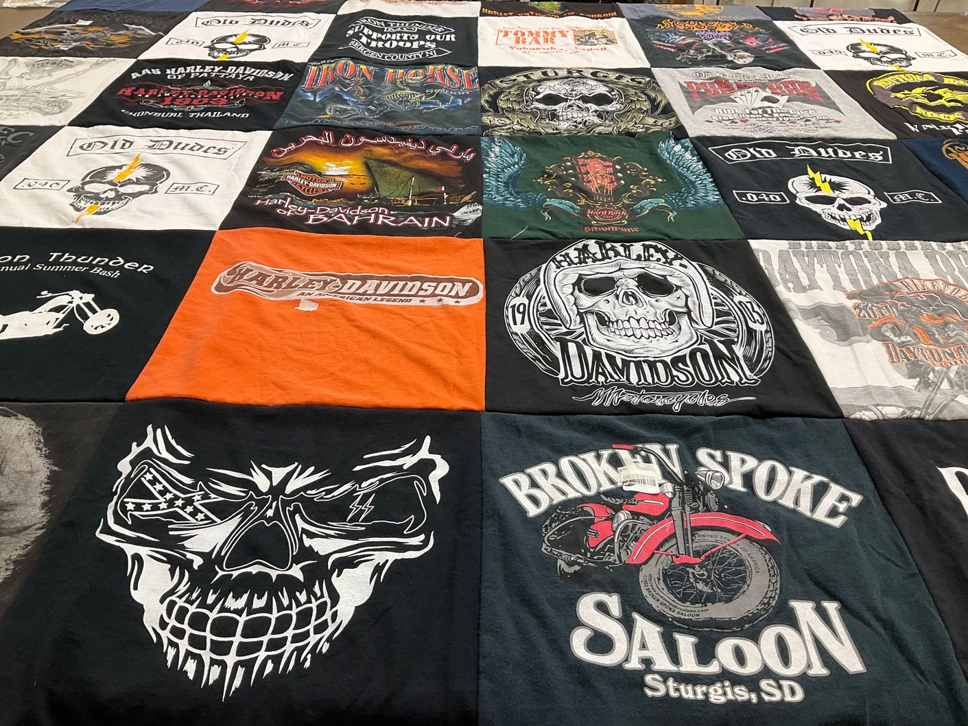 T-shirt quilt with motorcycles, biking themes by Tom from AE