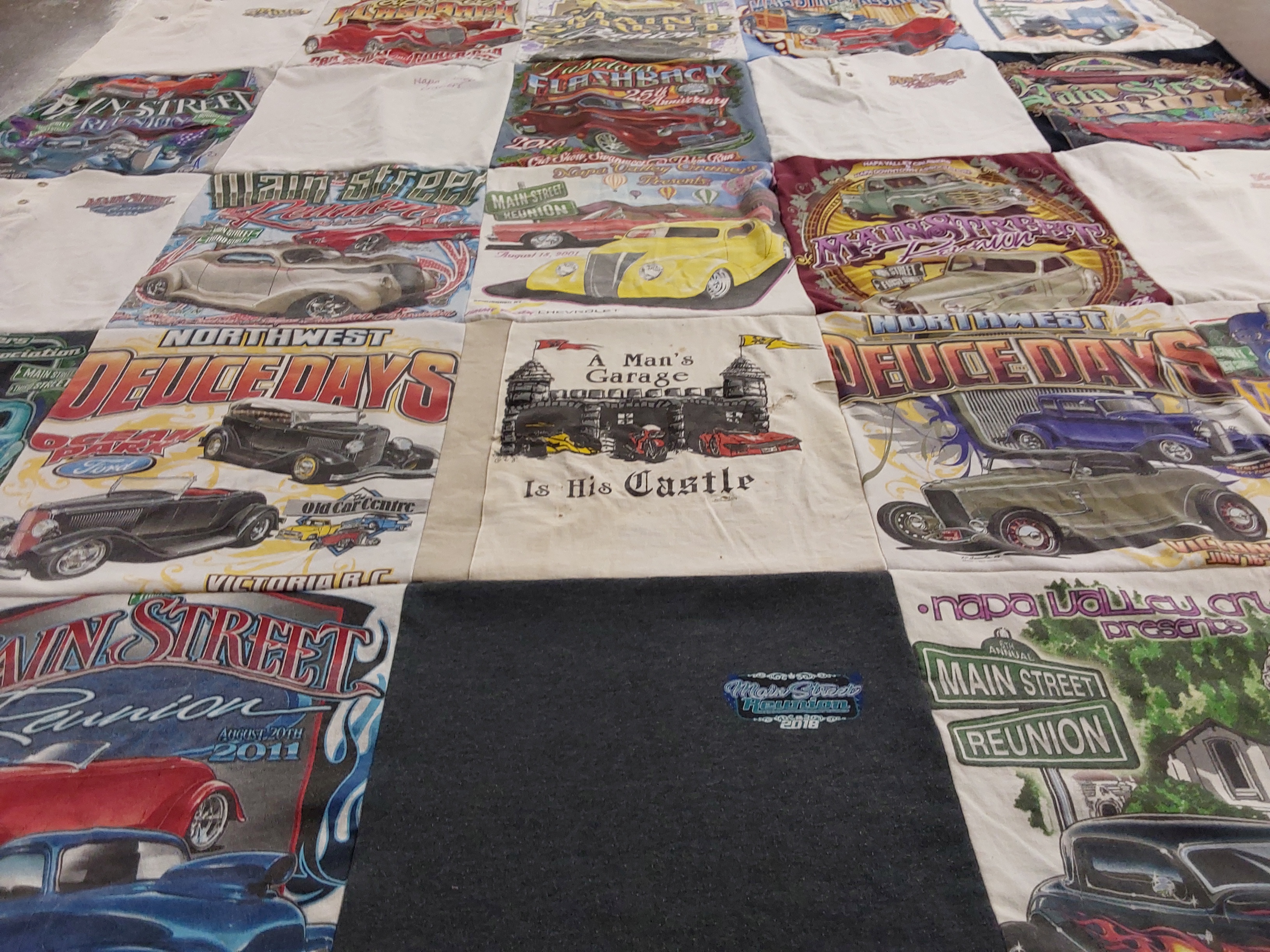 T-shirt quilt with classic cars, car shows themes by Marilyn from CA
